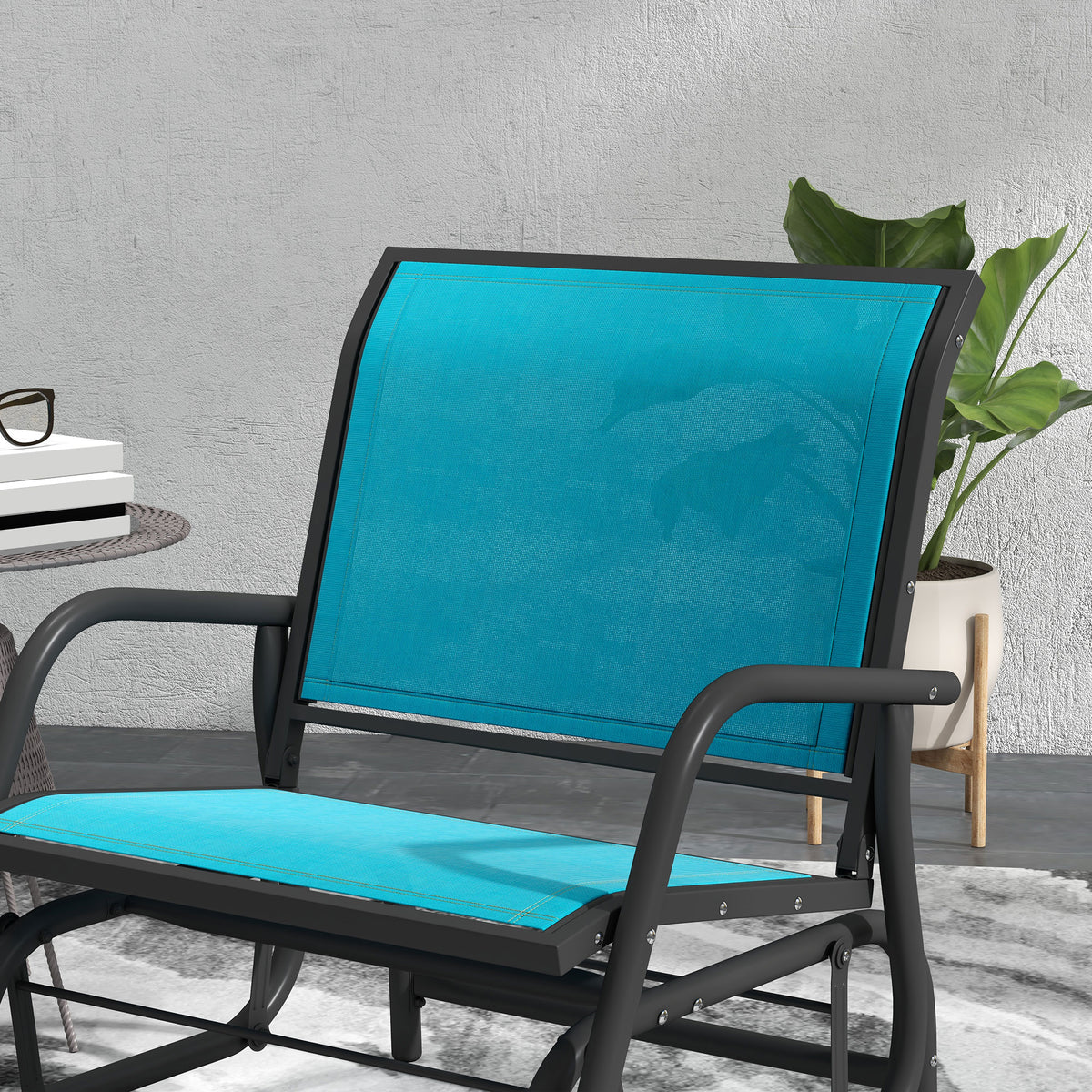 2 Pieces Outdoor Glider Chair, Steel Swing Chai with Curved Armrests for Porch, Garden, Poolside, Balcony, Blue
