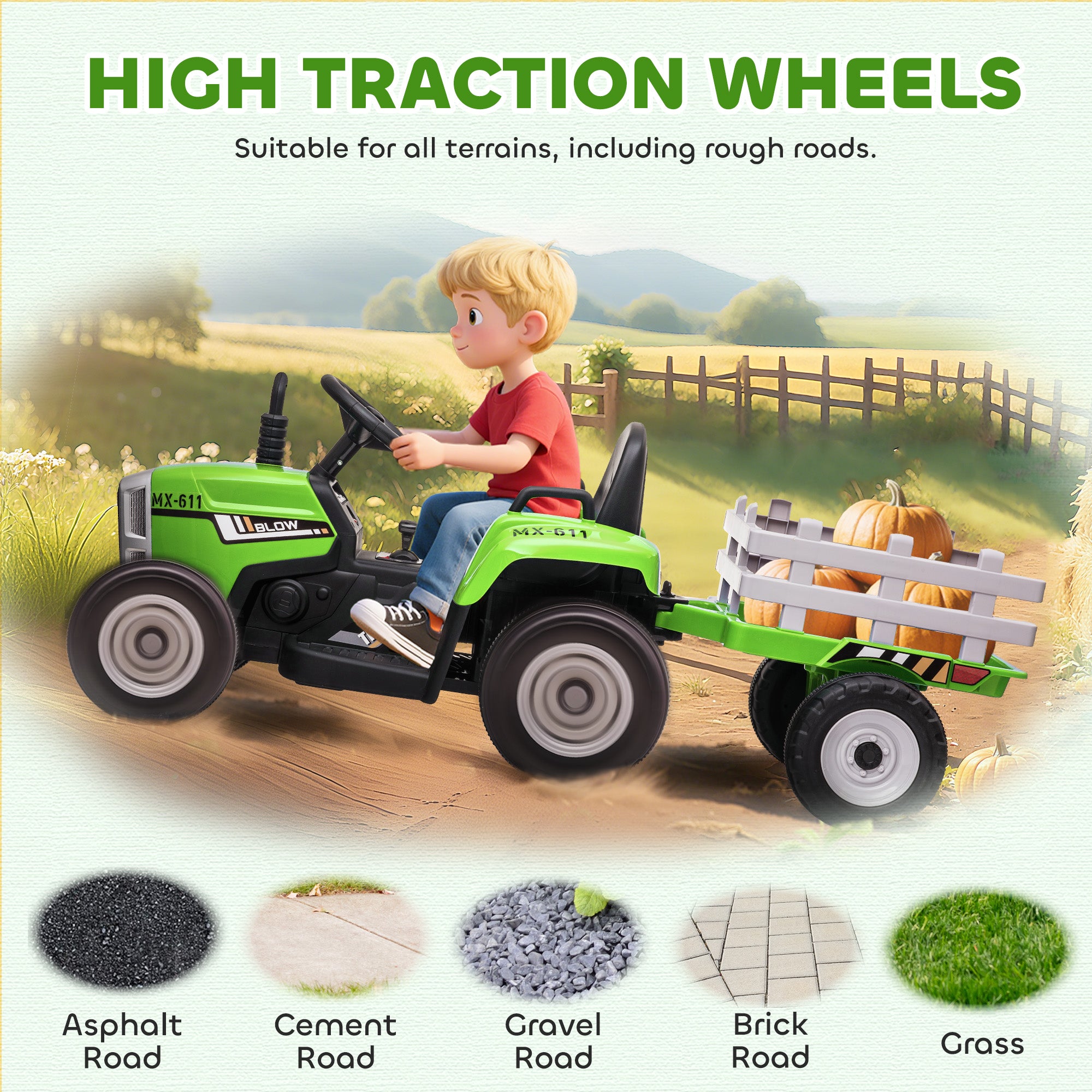 12V Ride on Tractor with Trailer, 25W Dual Motors, Battery Powered Electric Tractor with Remote Control, Music Startup Sound and Horn, LED Lights, Green