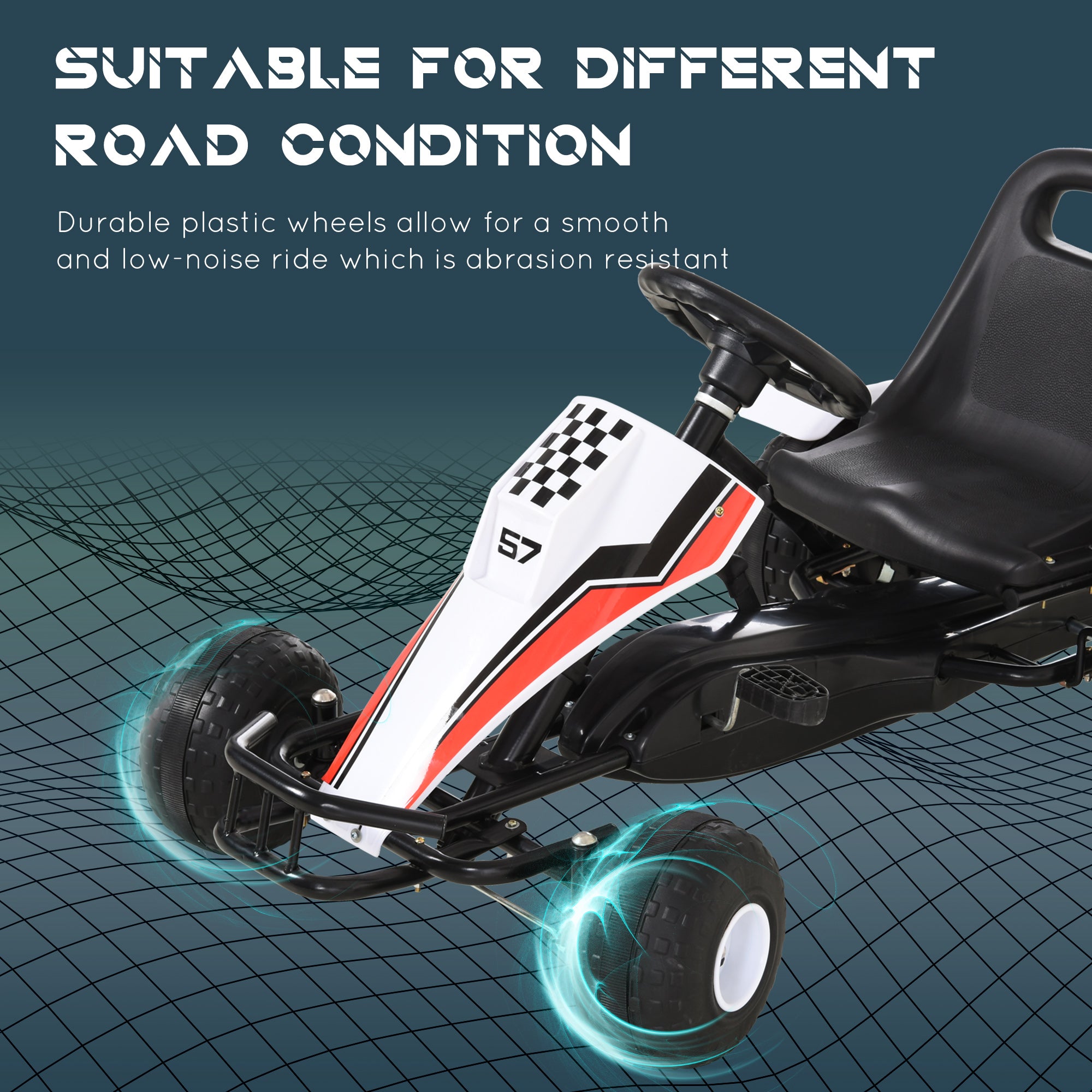 Pedal Go Kart Children Ride on Car Racing Style with Adjustable Seat, Plastic Wheels, Handbrake and Shift Lever, White