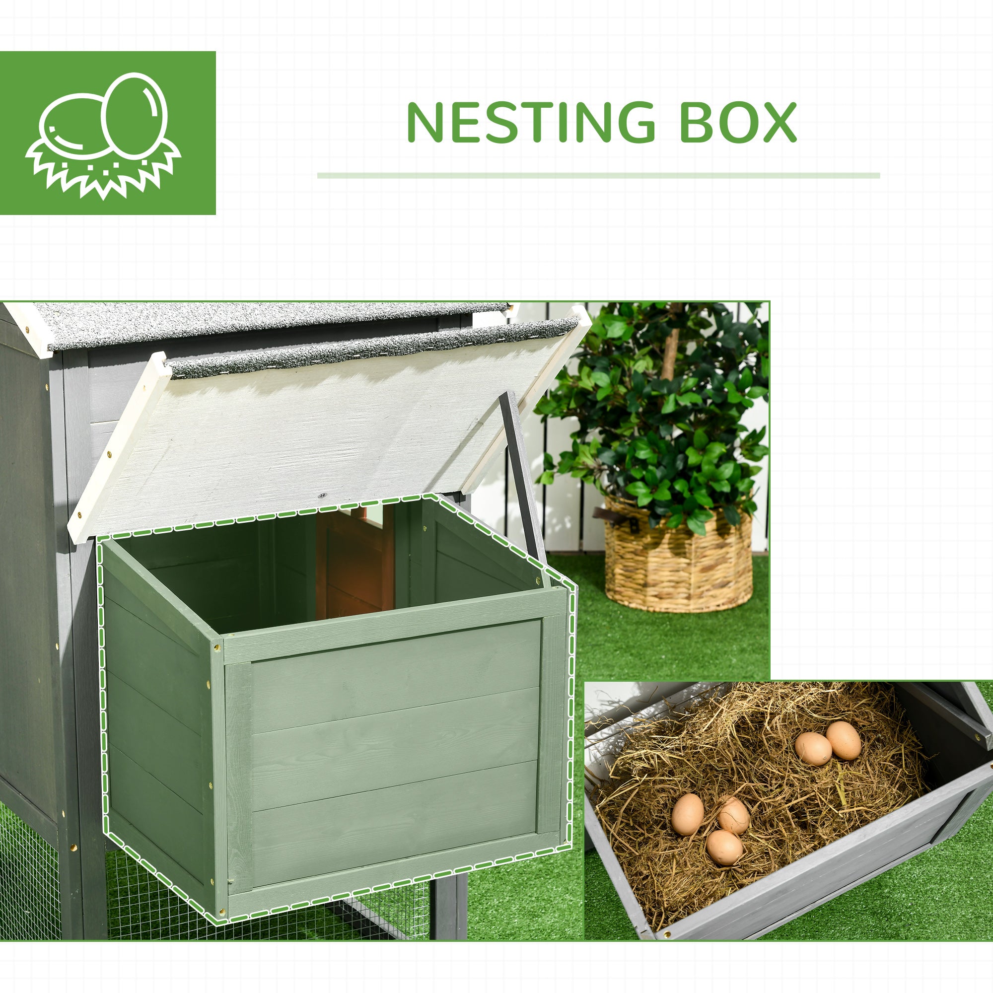 118" Extra Large Chicken Coop with Asphalt Roof, Wooden Hen Run with Slide-Out Tray and Nesting Box, Chicken Hutch for 3-6 Chickens, Gray - Gray - Image 6