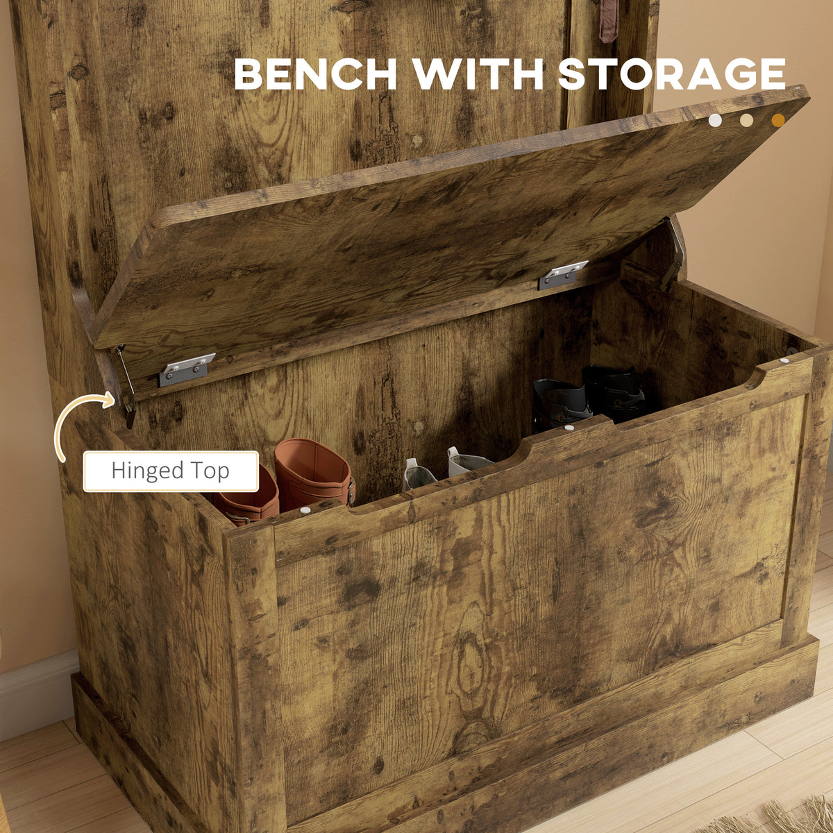 Hall Tree with Coat Rack, Storage, and Sitting Bench, Rustic Brown