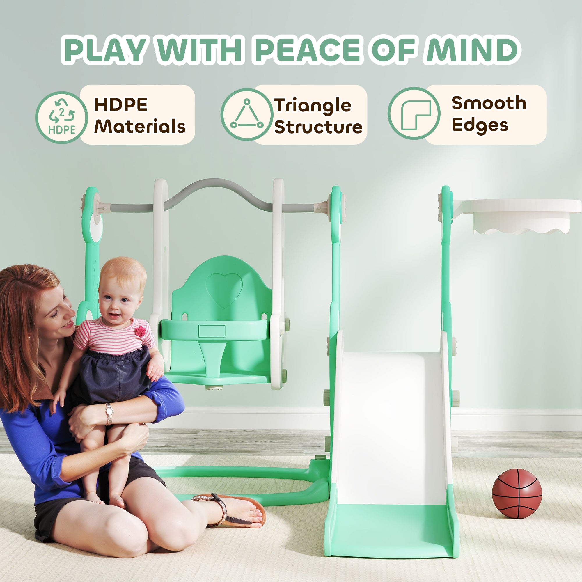 4 in 1 Toddler Slide and Swing Set for Ages 1.5-4, Toddler Playset Playground with Climber, Basketball Hoop, Green