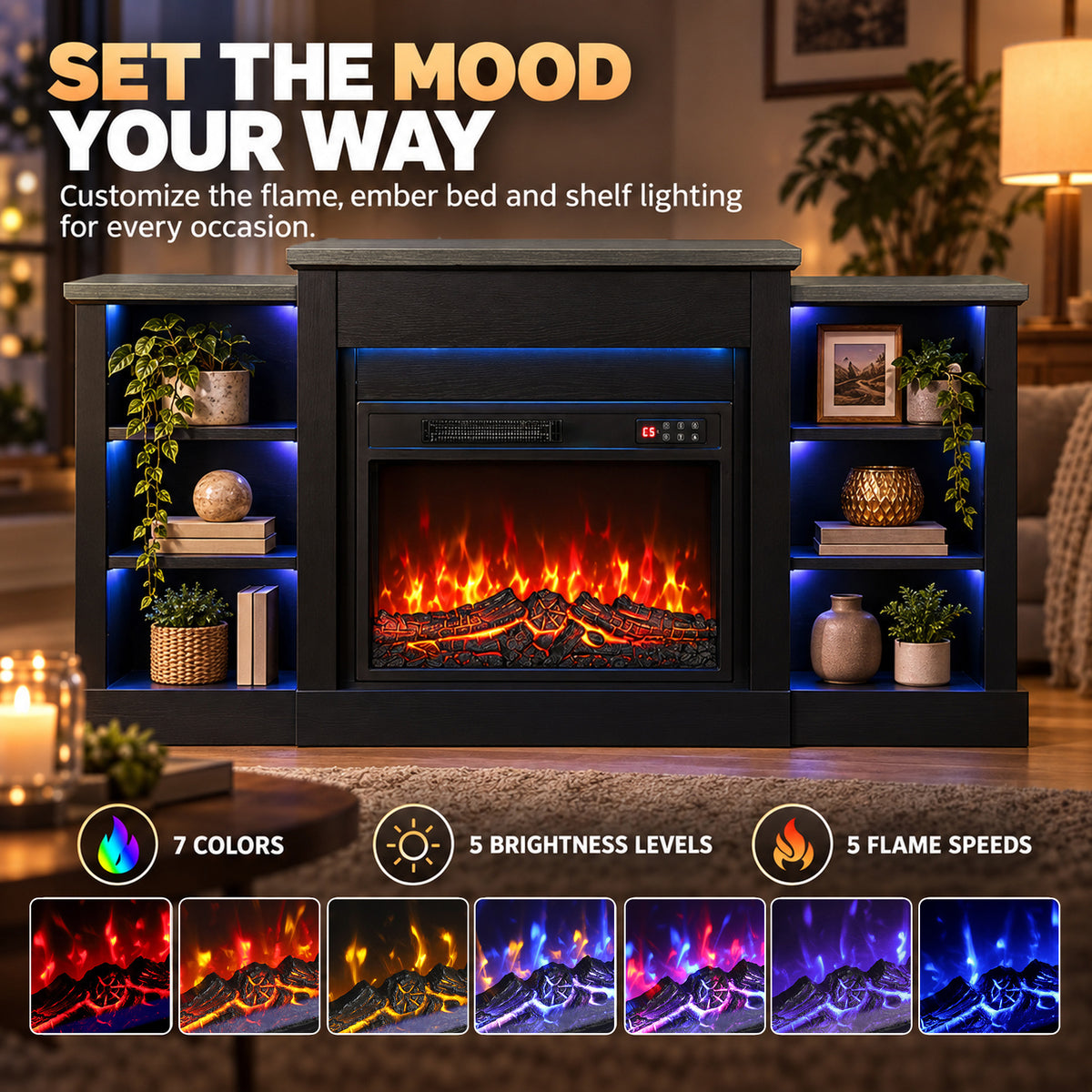 55" Fireplace TV Stand for TVs up to 65", Entertainment Center TV Console, RGB LED Strips, 6 Shelves, Black Wood Grain