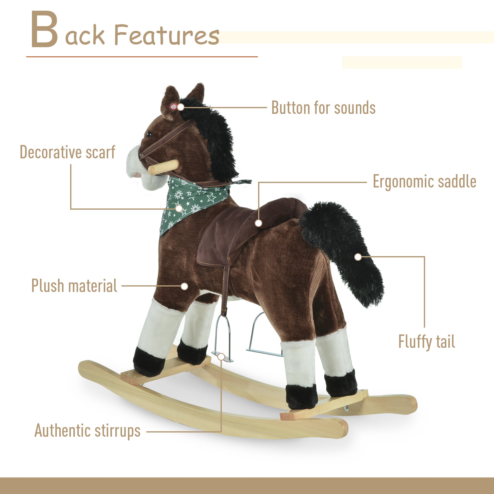 Kids Plush Ride-On Rocking Horse Toy Cowboy Rocker with Fun Realistic Sounds for Child 3-6 Years Old, Brown