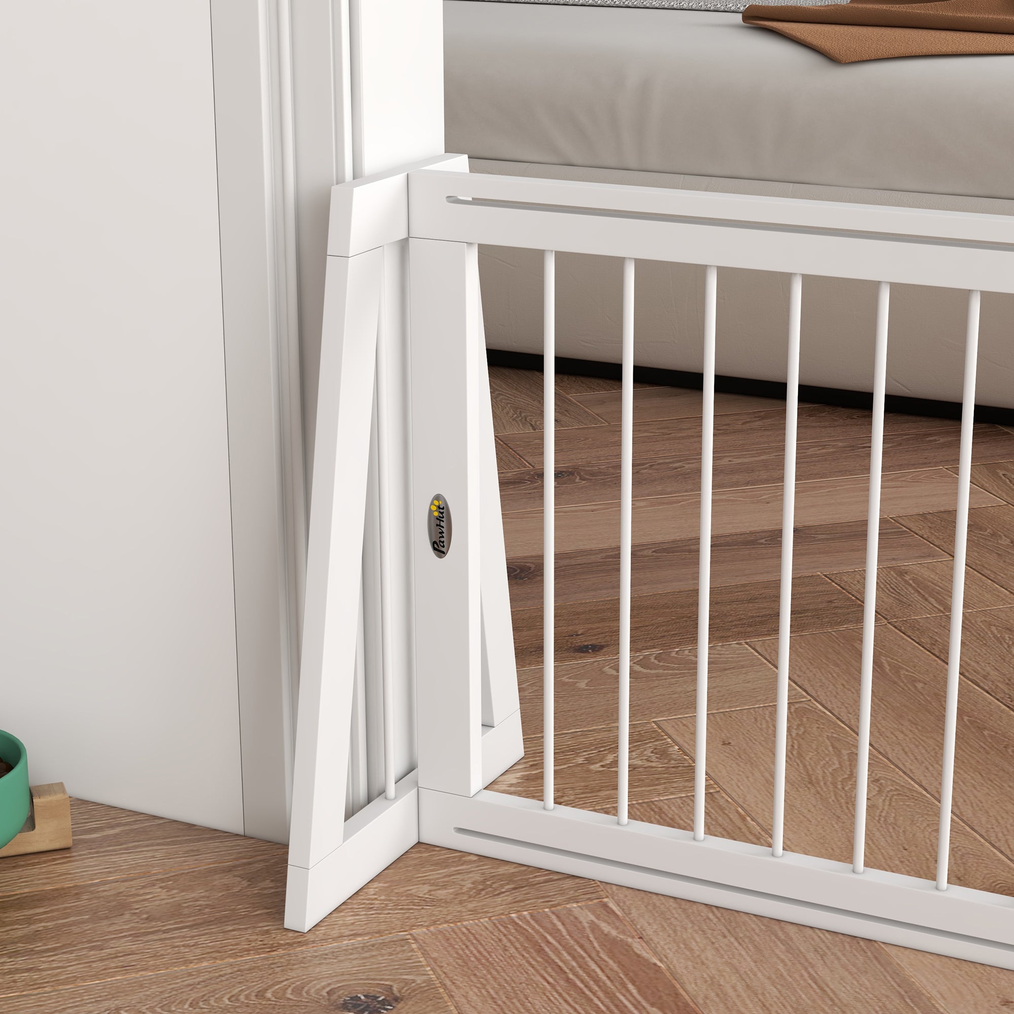 28"-75" Freestanding Wooden Pet Gate with Support Feet & Non-Slip Mats for Indoor, Stairway, Doorway, White - White - Image 8
