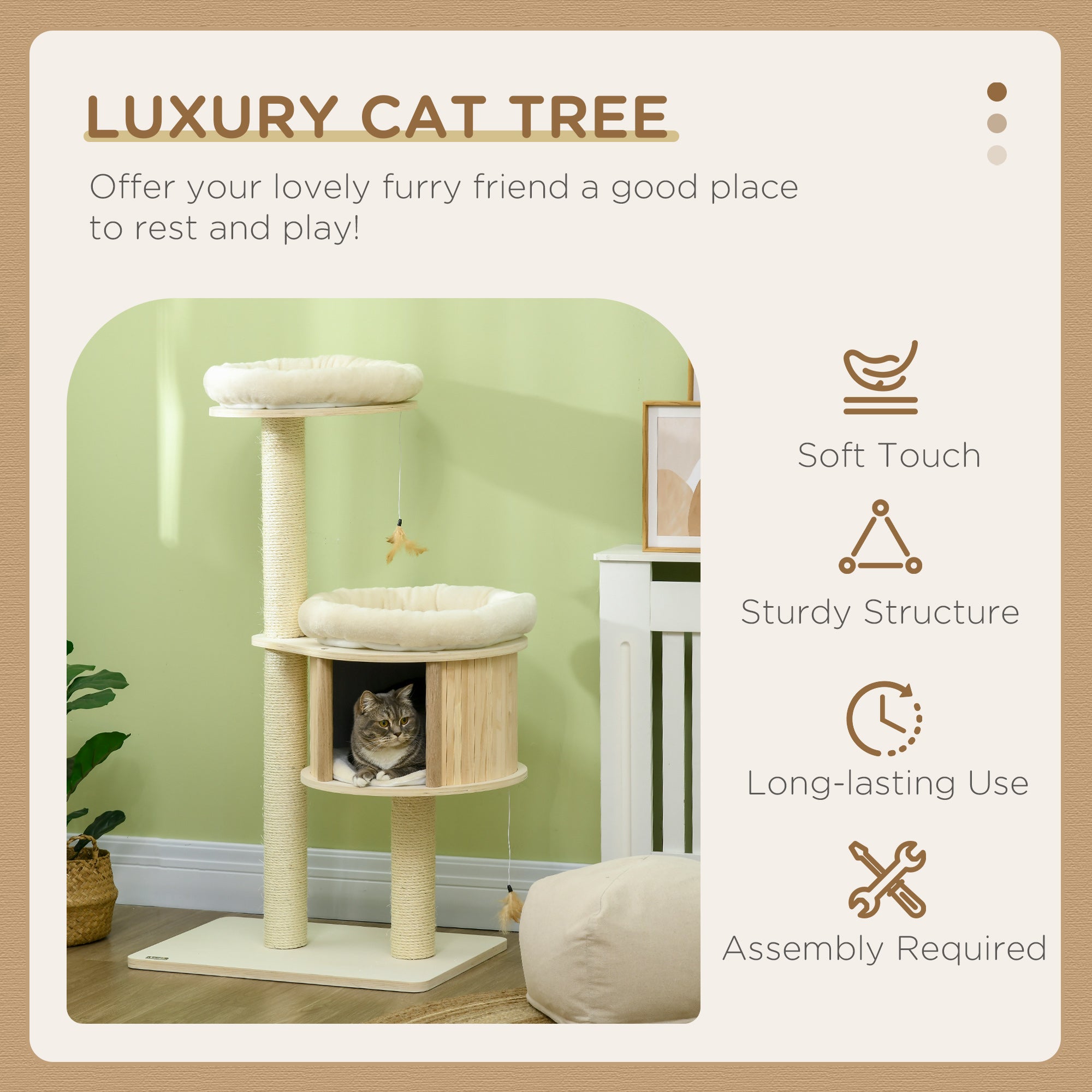 Cat Tree, 3 Level Cat Tower with Scratching Posts, Bed, Condo, Badminton Toys, for Multiple Kittens - Natural - Image 4