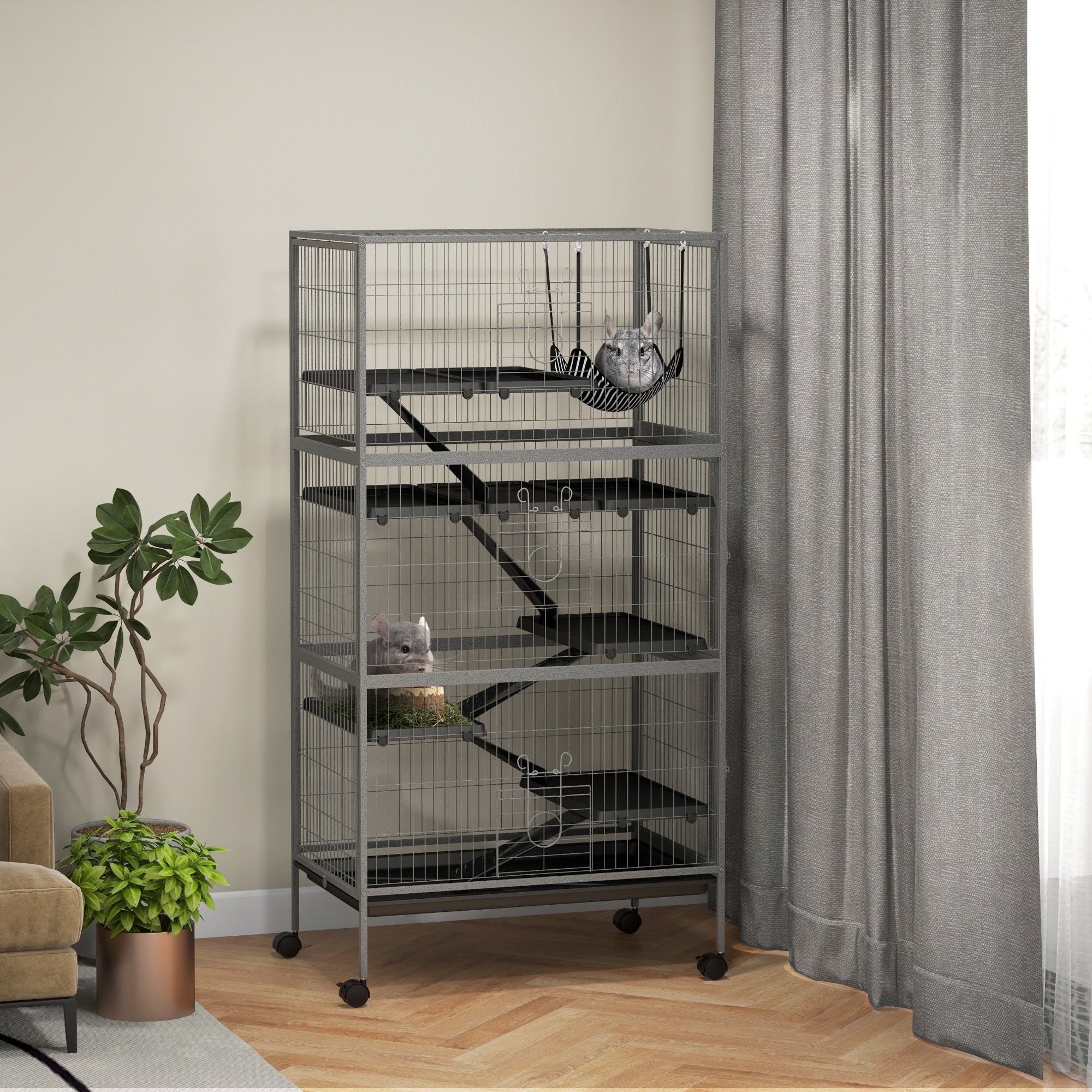 63" H Rolling Small Animal Cage with Hammock, Ferret Cage, Chinchilla Cage, Pet Habitat with 6 Doors, Removable Tray - Gray - Image 2