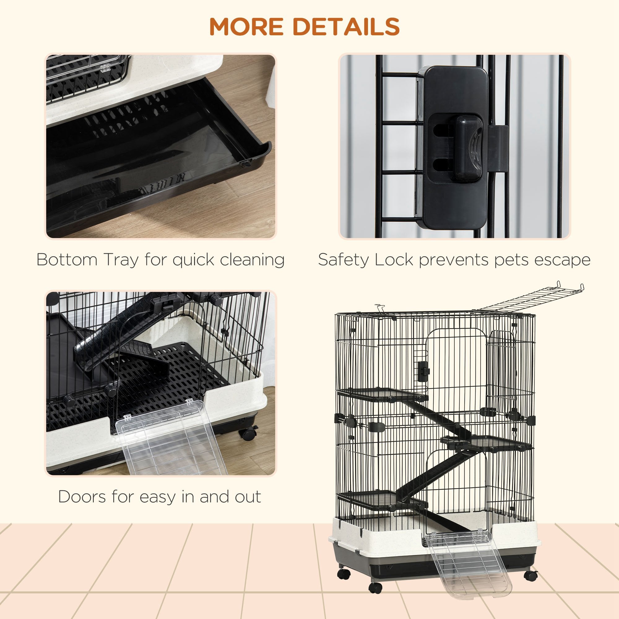 32"L 4-Level Small Animal Cage Rabbit Hutch with Universal Lockable Wheels, Slide-out Tray for Bunny, Chinchillas, Ferret, Black - Black - Image 7