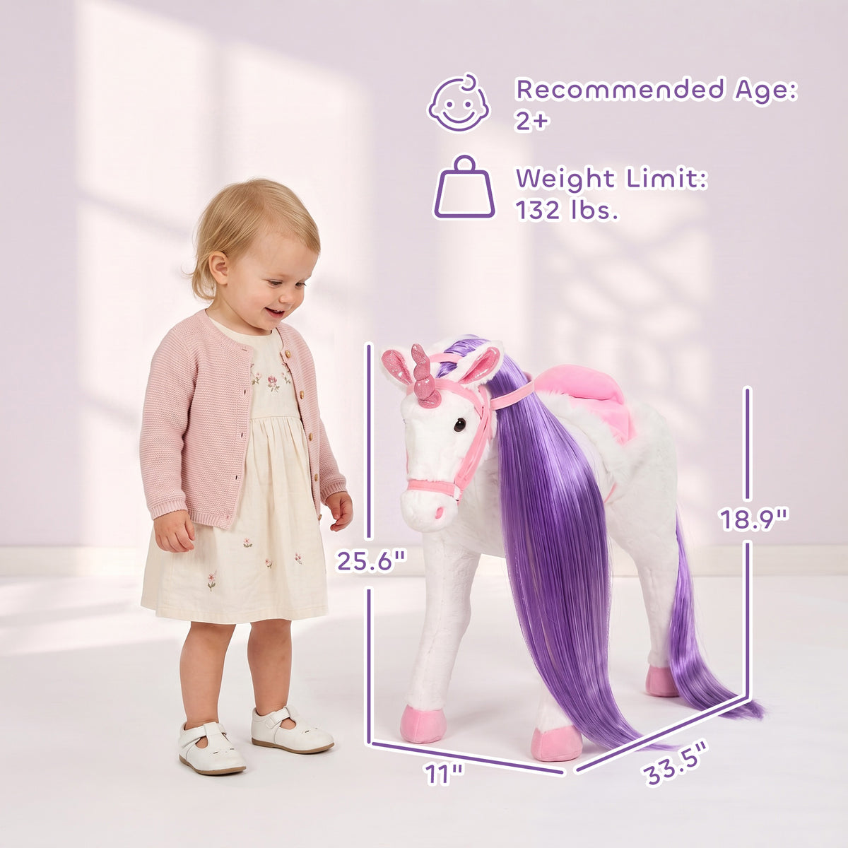 Ride on Horse for Kids 2+ Years, Toddler Riding Horse with Neighing, Stuffed Animal Horse Toy with Padding, White