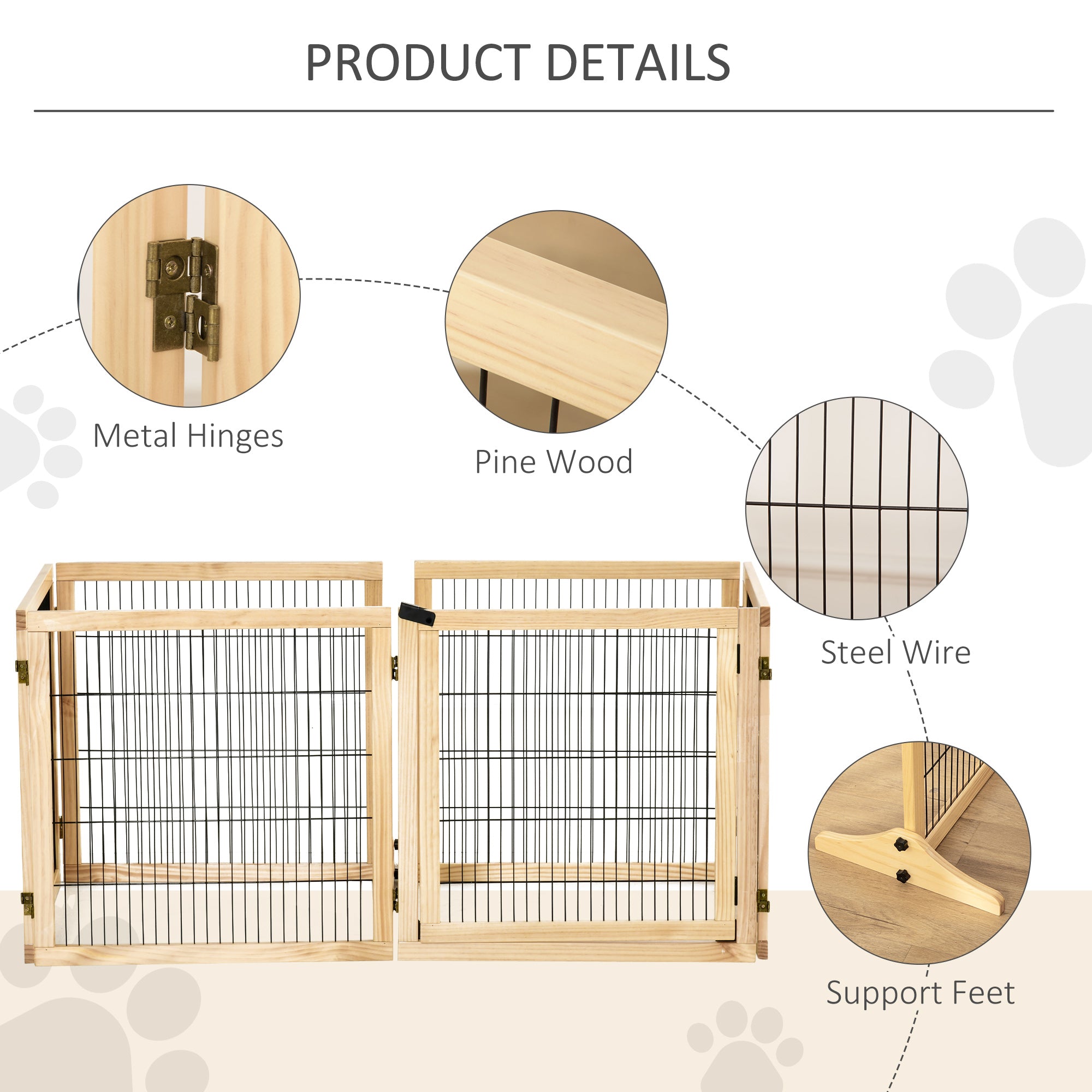 Wooden Pet Gate, 6-Panel Folding Dog Safety Barrier with Support Feet for Small & Medium Dogs, Natural Wood - Natural Wood - Image 7