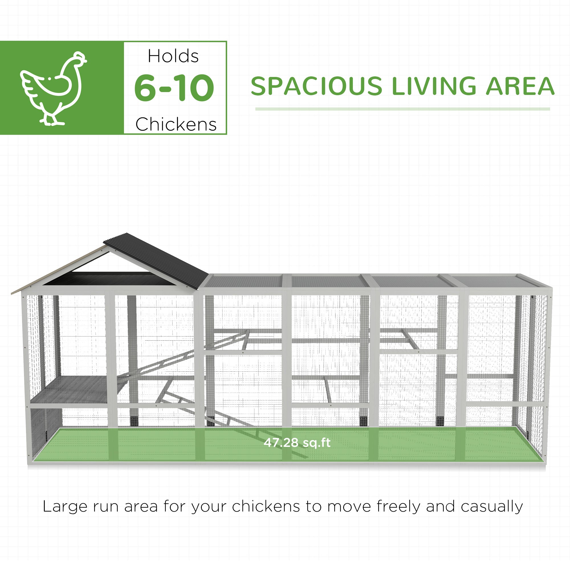Wooden Chicken Coop Run for 6 - 10 Chickens, Hen House Add-On with Storage, Perches, 141.75" x 48" x 61", Gray - Gray - Image 4