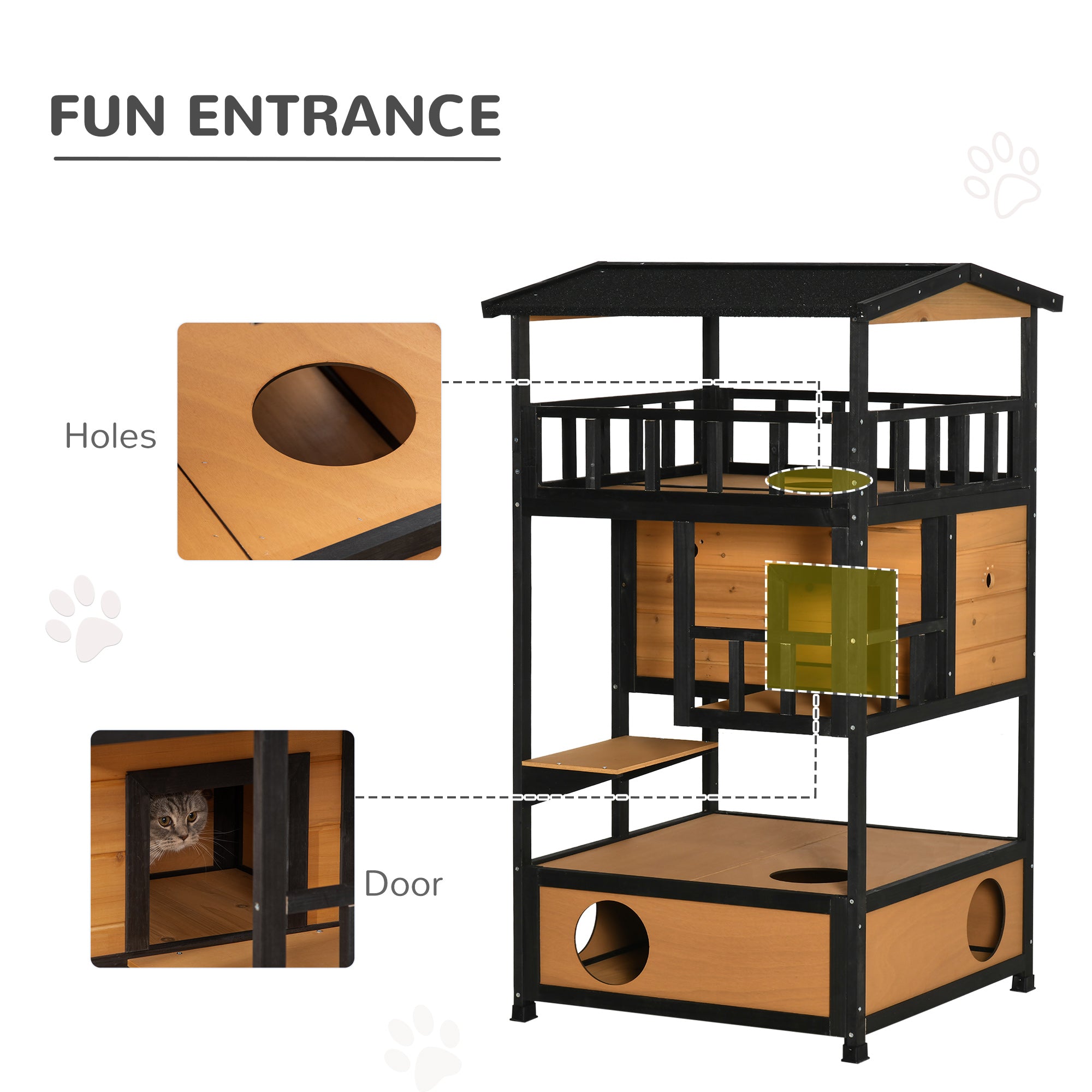 Wooden Outdoor Cat House, Feral Cat Shelter Kitten Condo with Asphalt Roof, Escape Doors, Condo, Jumping Platform, Yellow - Yellow - Image 5