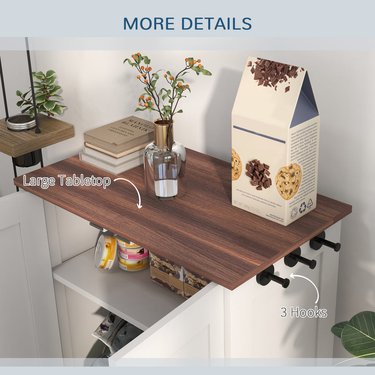 Pet Feeding Station, Dog Food Storage Cabinet w/ Raised Dog Bowls, Adjustable Panel, Hooks for Medium Dogs, White