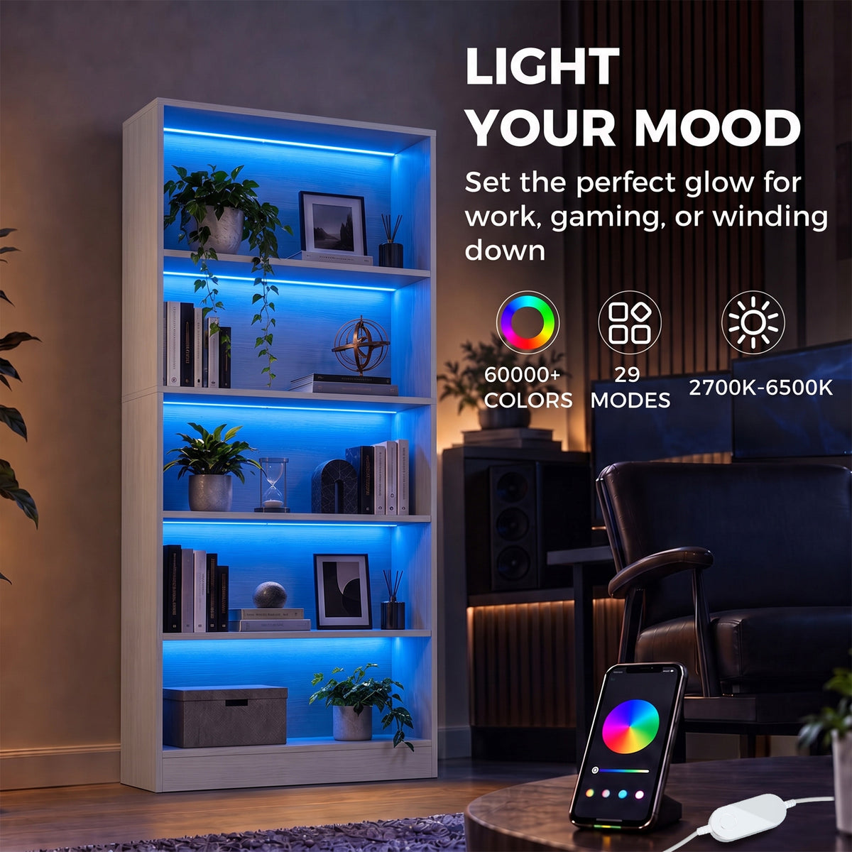 Bookshelf with LED Lights, 5-Tier Bookcase, Cable Holes, for Living Room, Study, White Wood Grain