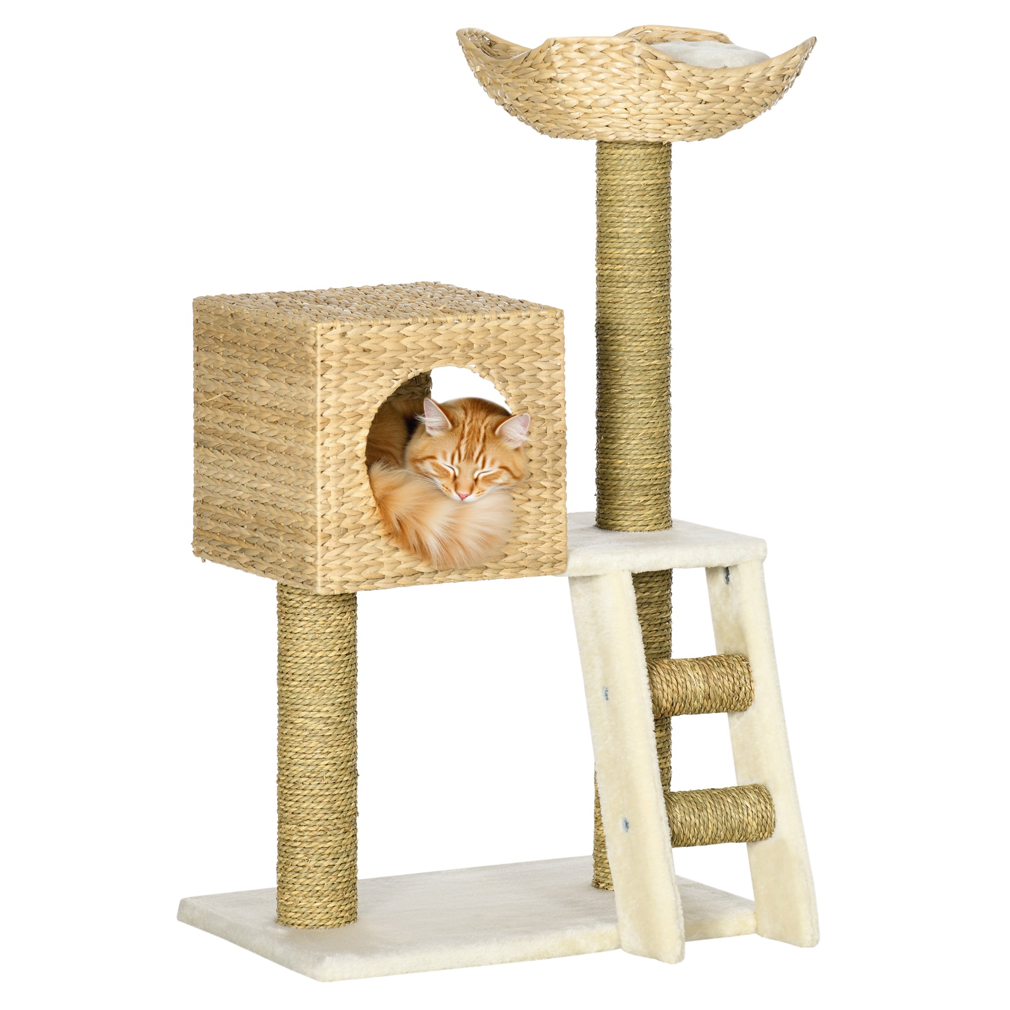 Cattail Weave Cat Tree for Indoor Cats Kitty Tower with Rattan Cat Condo, Wicker Bed, Ladder, Washable Cushions, 22.5" x 14.5" x 39.5", Natural - Natural Wood