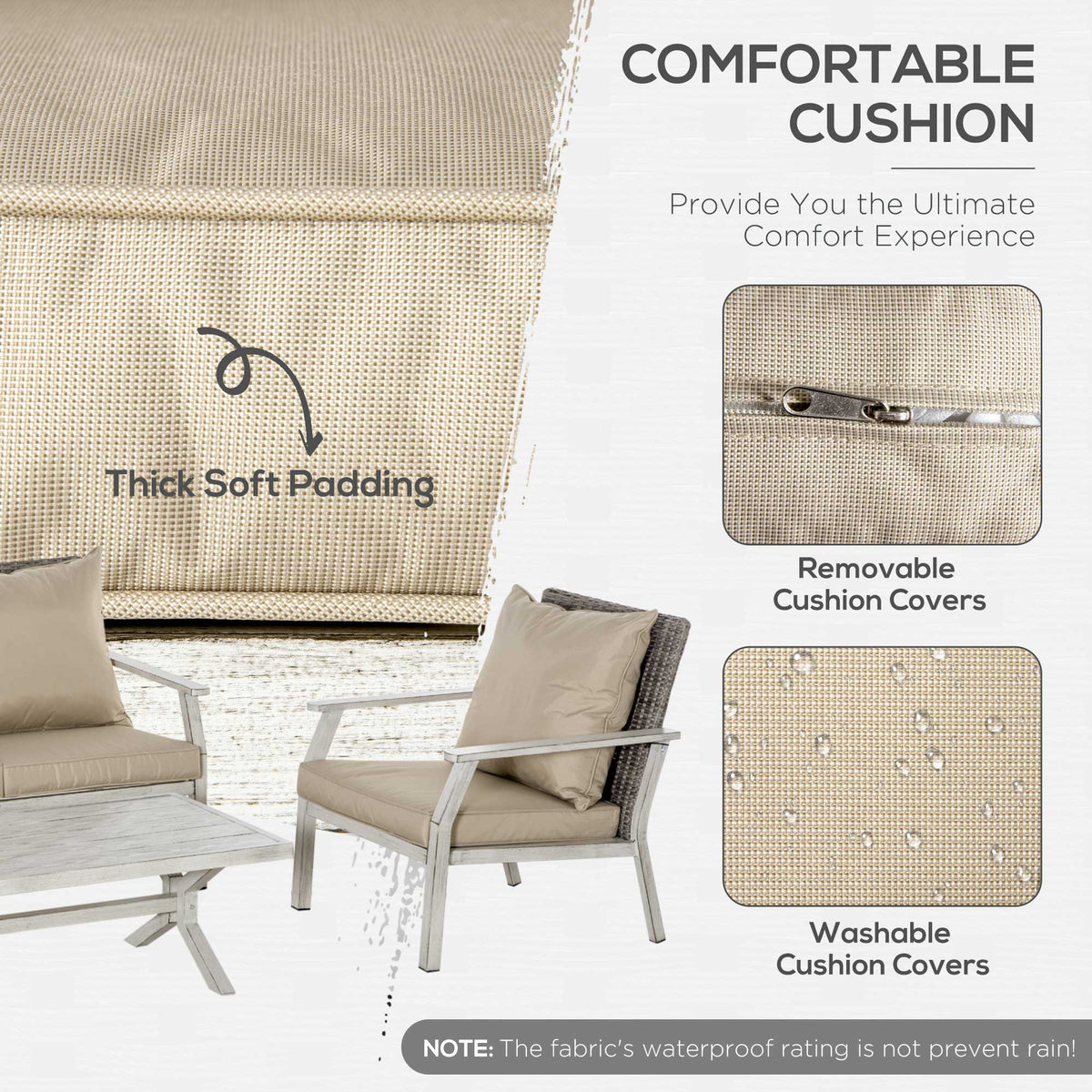 4 Pieces Patio Furniture Set with Cushions, Outdoor Wicker Conversation Sofa Sets, Aluminum Frame Sofa Sets for Backyard, Poolside, Garden, Beige