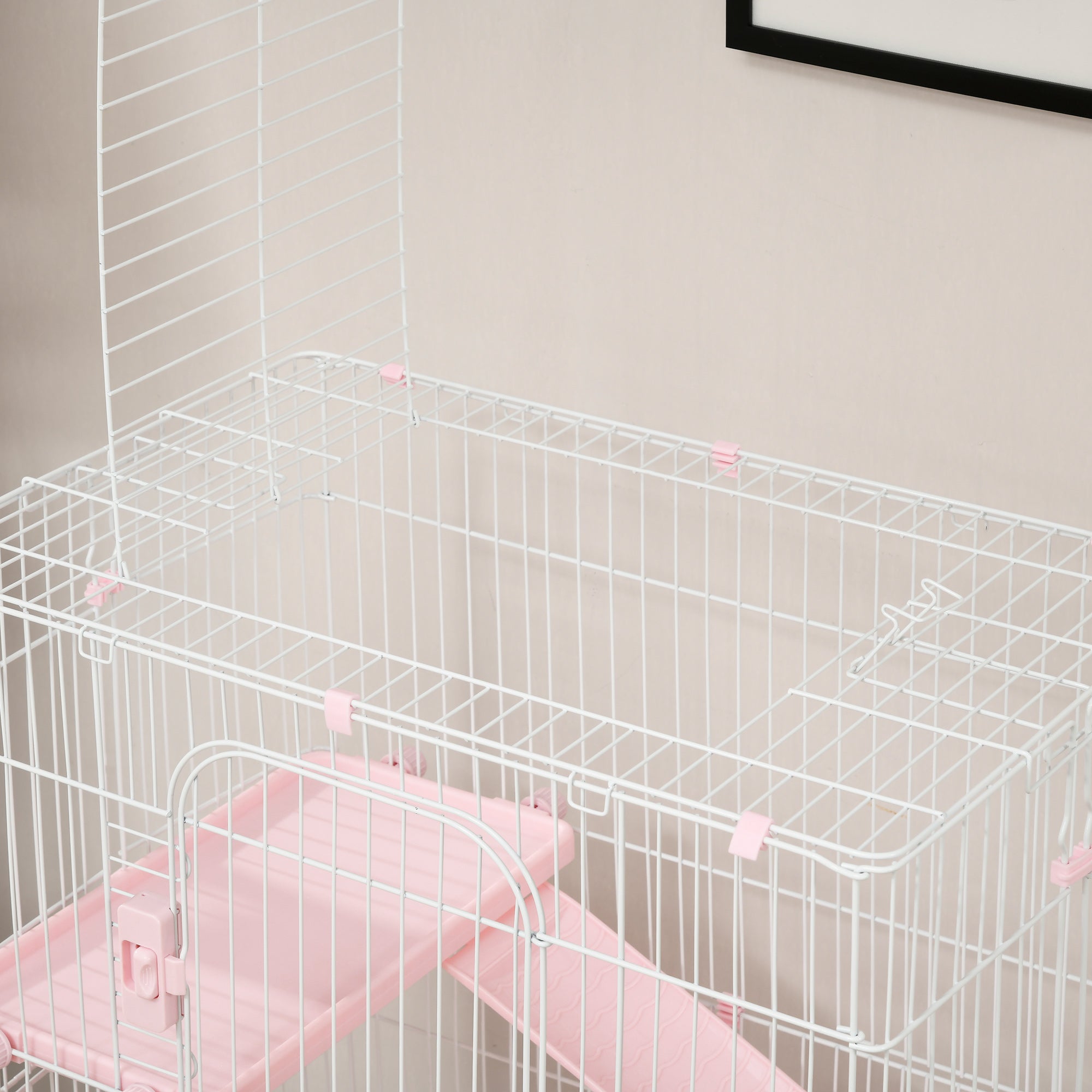 32"L 4-Level Small Animal Cage Rabbit Hutch with Wheels, Slide-out Tray for Bunny, Chinchillas, Ferret, Pink - Pink - Image 8