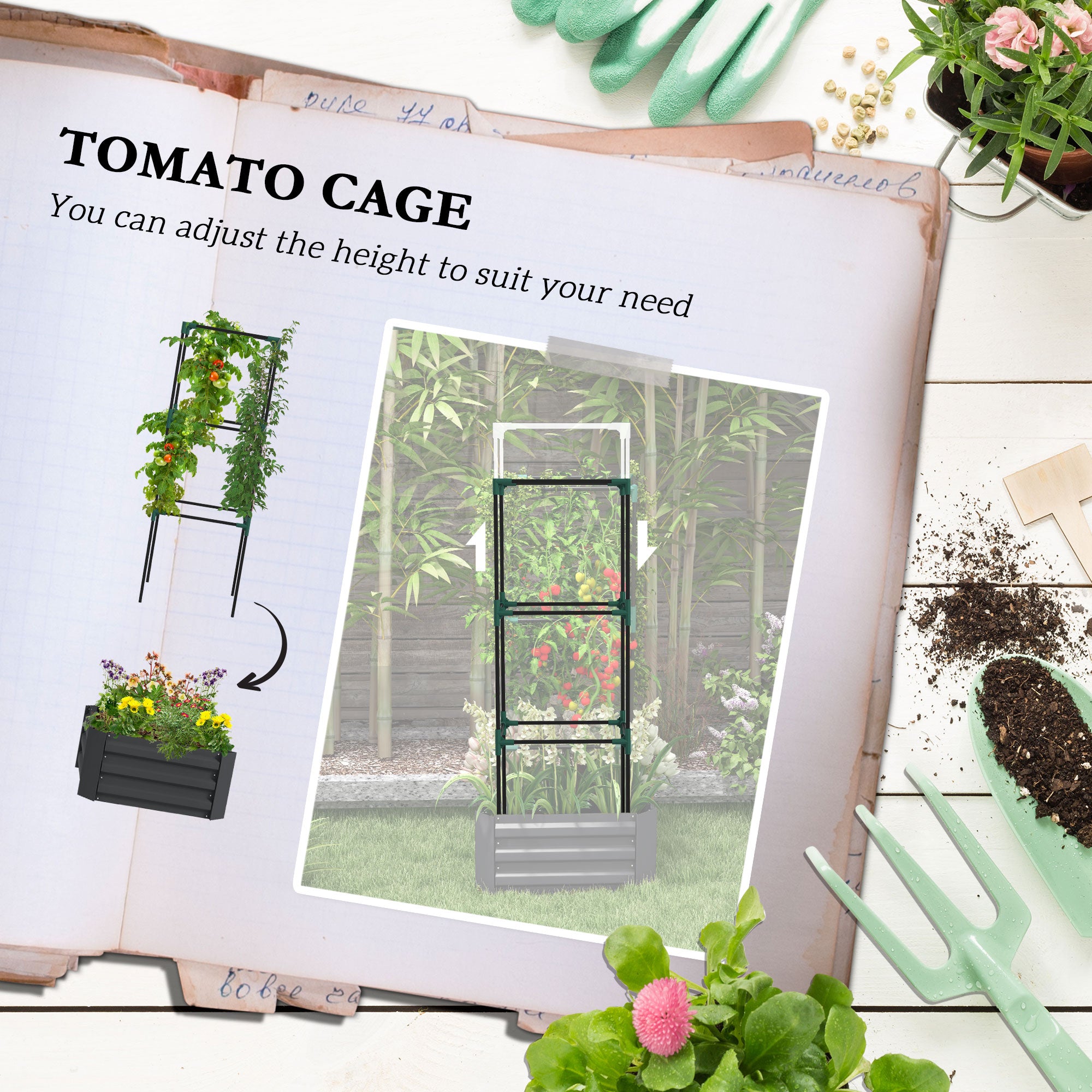Galvanized Planter Box, 24" x 24" x 55" Raised Garden Bed with Tomato Cage for Climbing Vines, Dark Gray - Dark Gray - Image 4