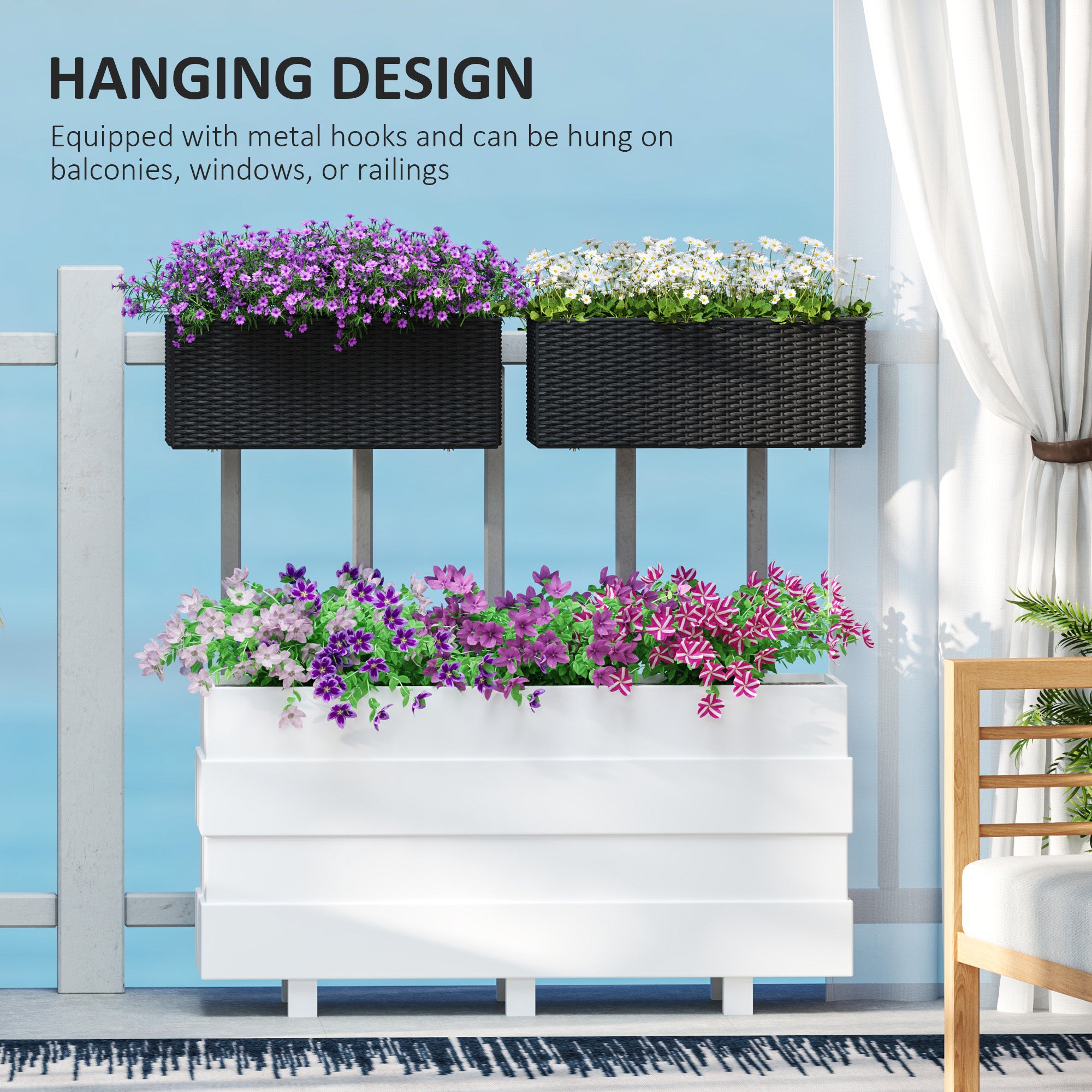 2 Pack 20 Inch Railing Flower Pots, Hanging Flower Pots with Hooks, Drainage Holes for Fence, Rattan Look, Black - Black - Image 7