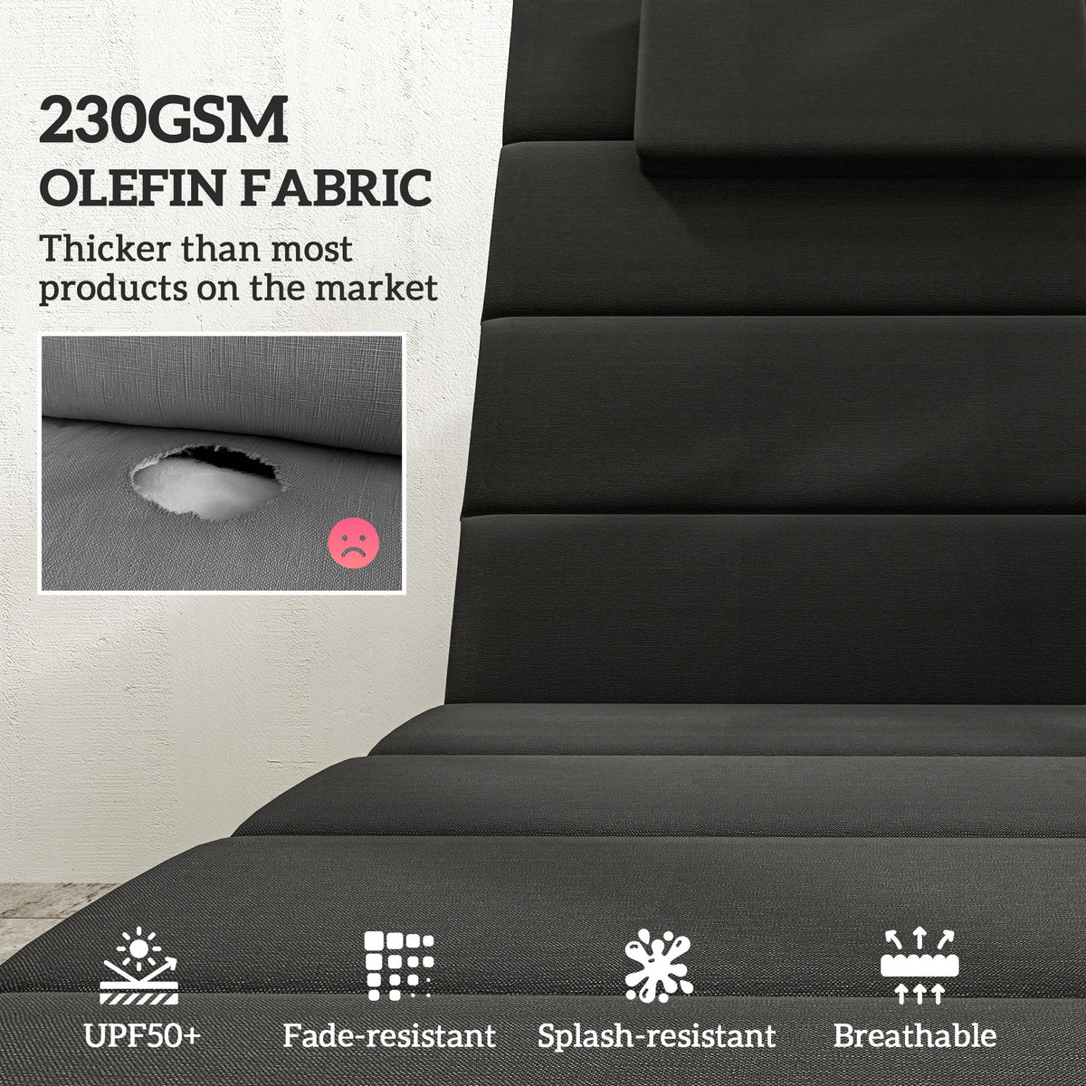 Foldable Chaise Lounge Cushion Set of 2, Outdoor Lounge Chair Cushion Set, UPF50+ 230gsm Olefin, 80" x 26" Black