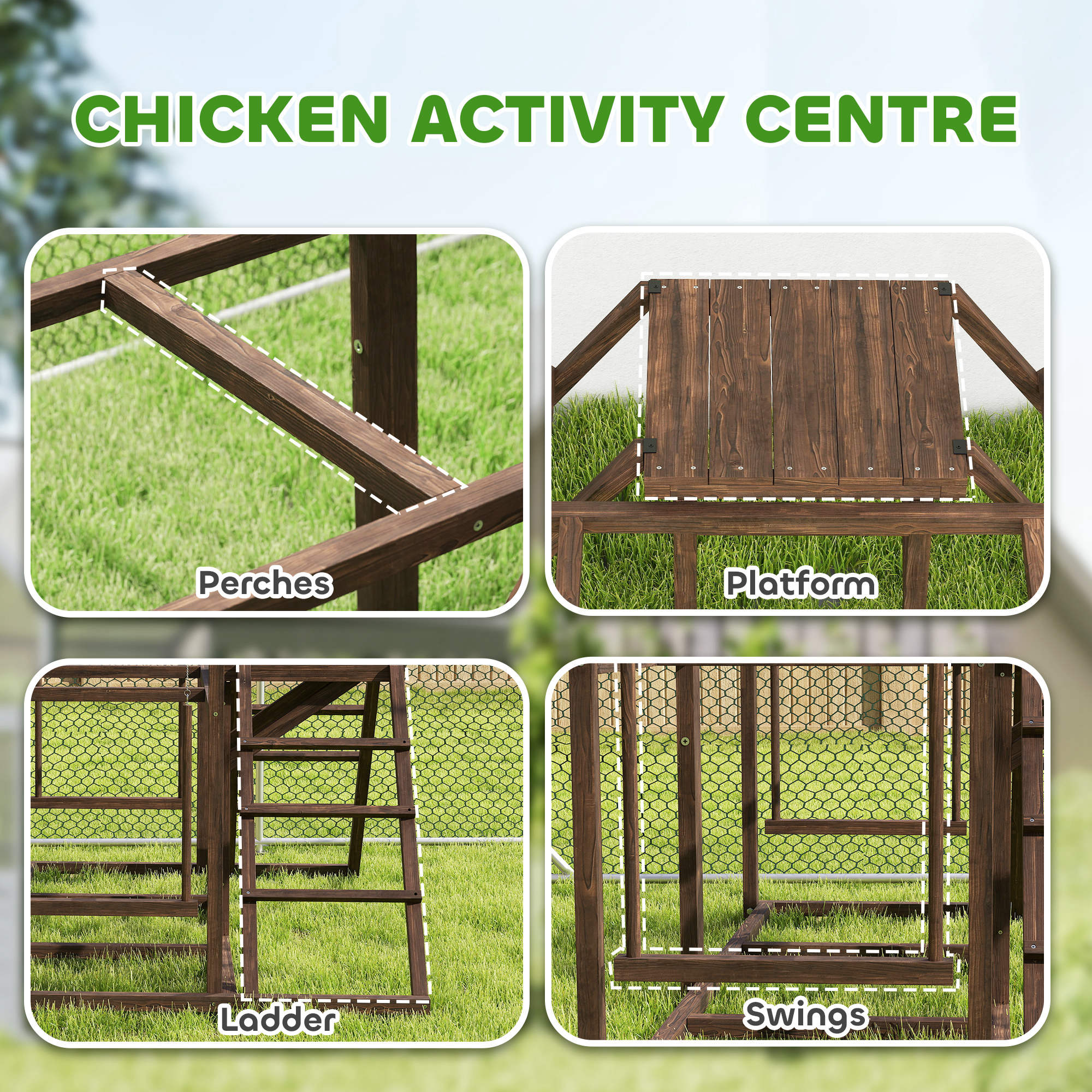 Chicken Activity Play Set with Multiple Chicken Perches, Swing, Ladder, Platform for 3-4 Chickens, Coffee - Coffee - Image 4