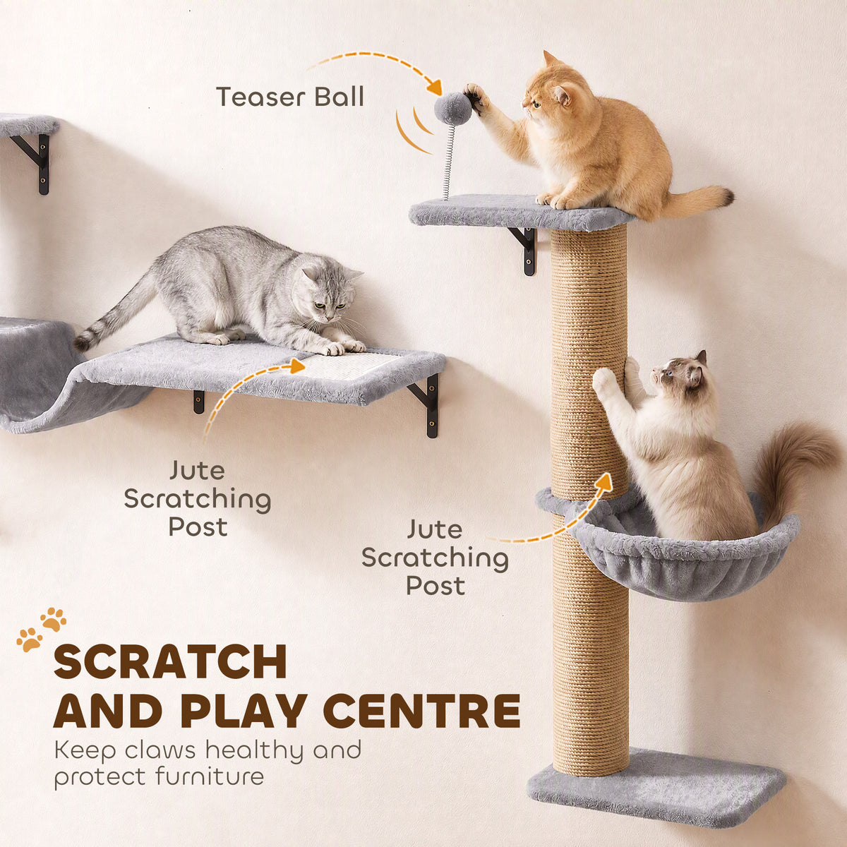 3-In-1 Cat Wall Shelves with Condo, Bed, Hammock, Scratching Post and Spring Ball, Gray