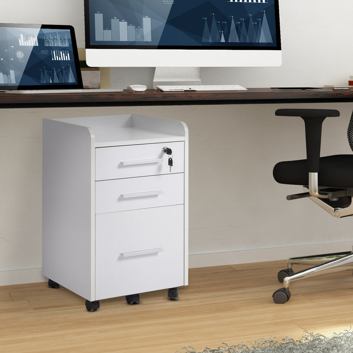 Lockable Filing Cabinet on Wheels, 3 Drawer Mobile File Cabinet with Lock and Edged Top, White