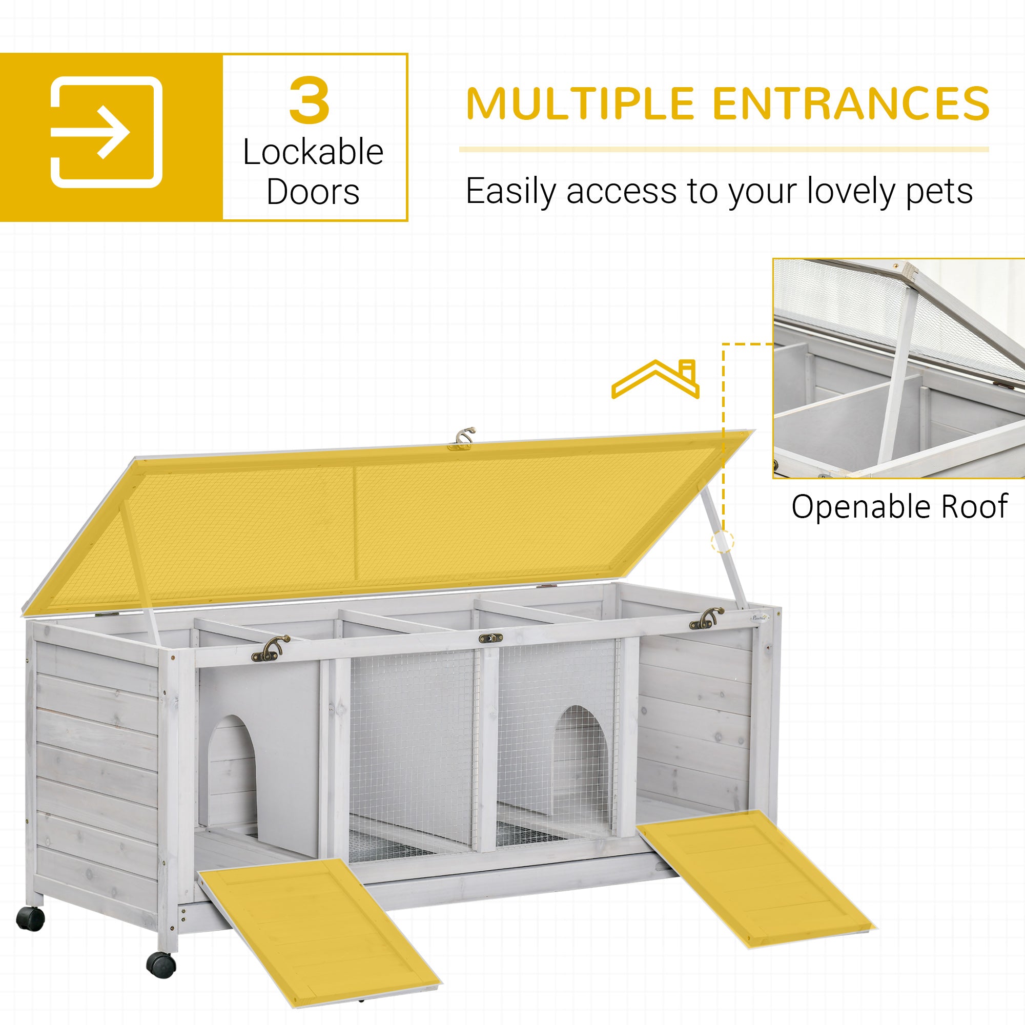 Wooden Rabbit Hutch with Wheels, Dividers for Indoor Use, Light Gray - Gray - Image 5