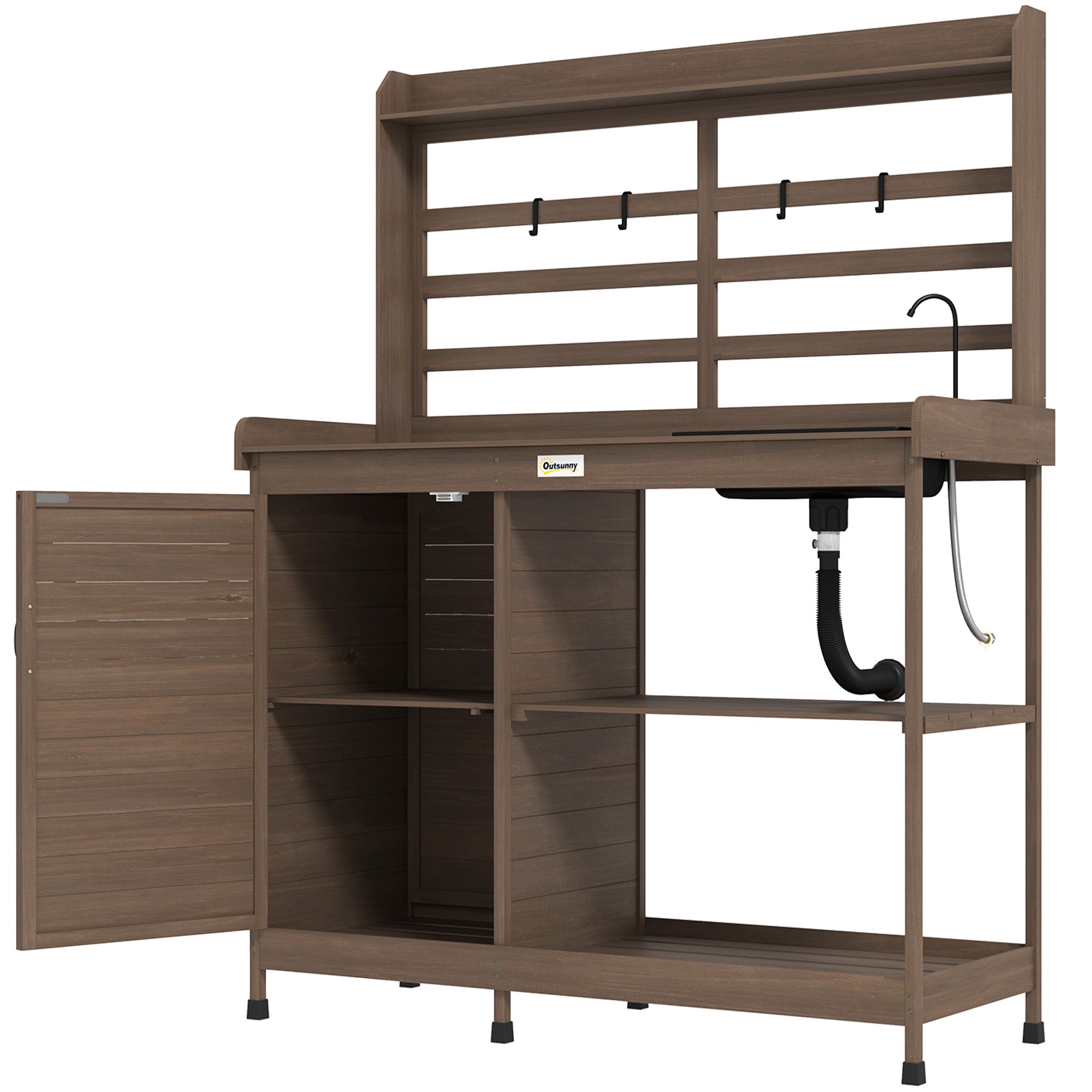 Wooden Potting Bench with Storage, Sink, Water Tap for Backyard, Patio, Balcony, Dark Brown - Brown