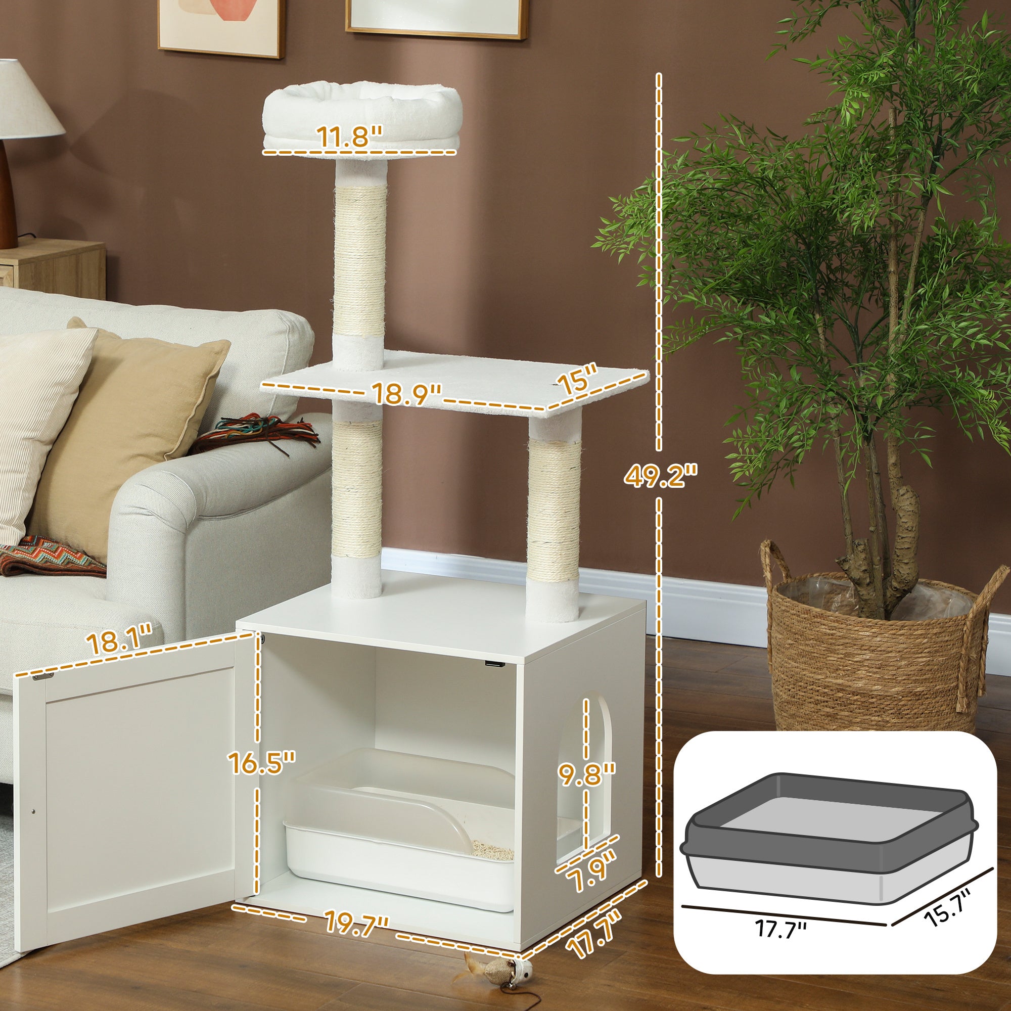 Cat Tree with Litter Box Enclosure, Scratching Posts, Bed, Climbing Platforms for Indoor Cats, White - White - Image 3