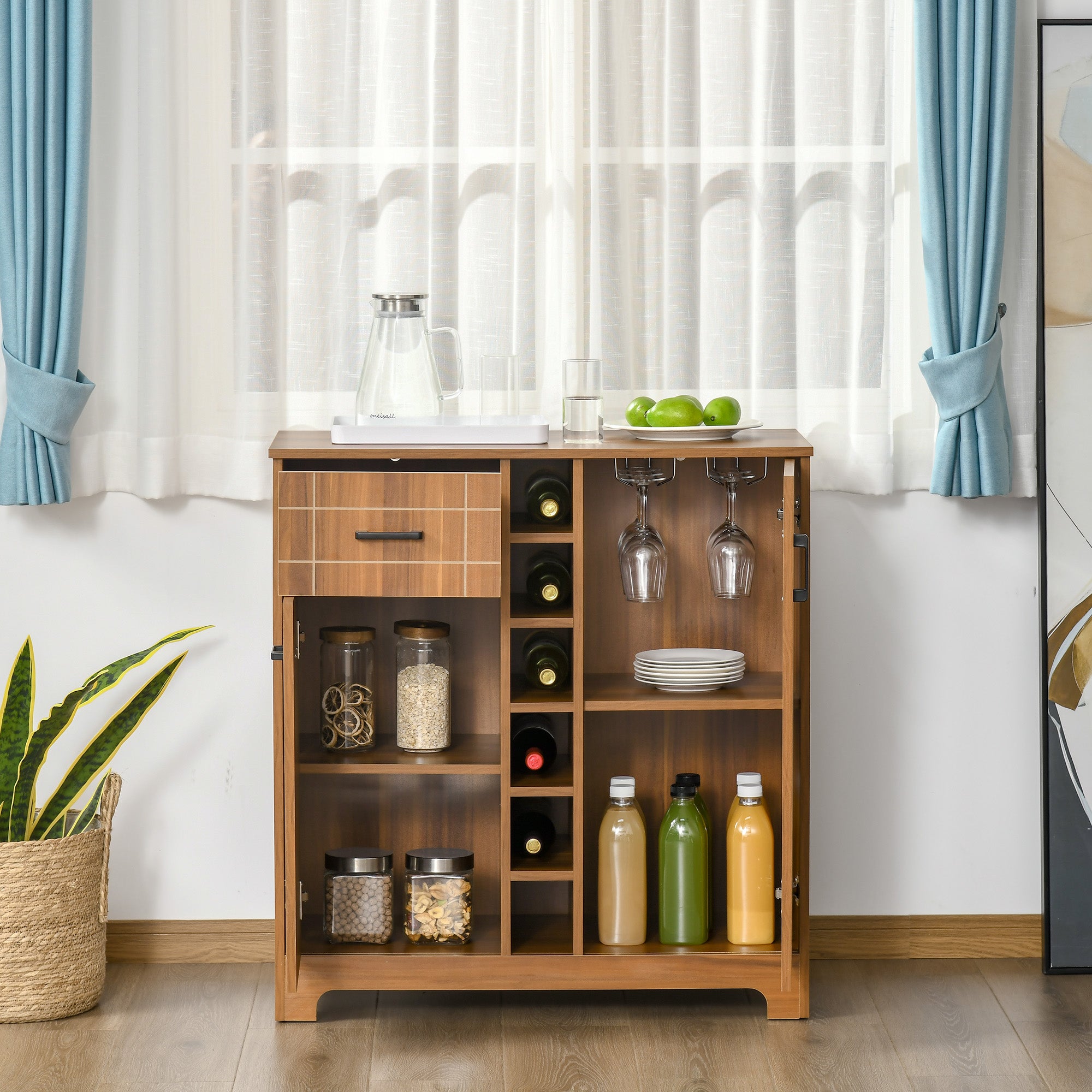 Retro Wine Cabinet for 6 Bottles, Wine Rack Sideboard Serving Bar with Glass Holders and 1 Drawer, Brown