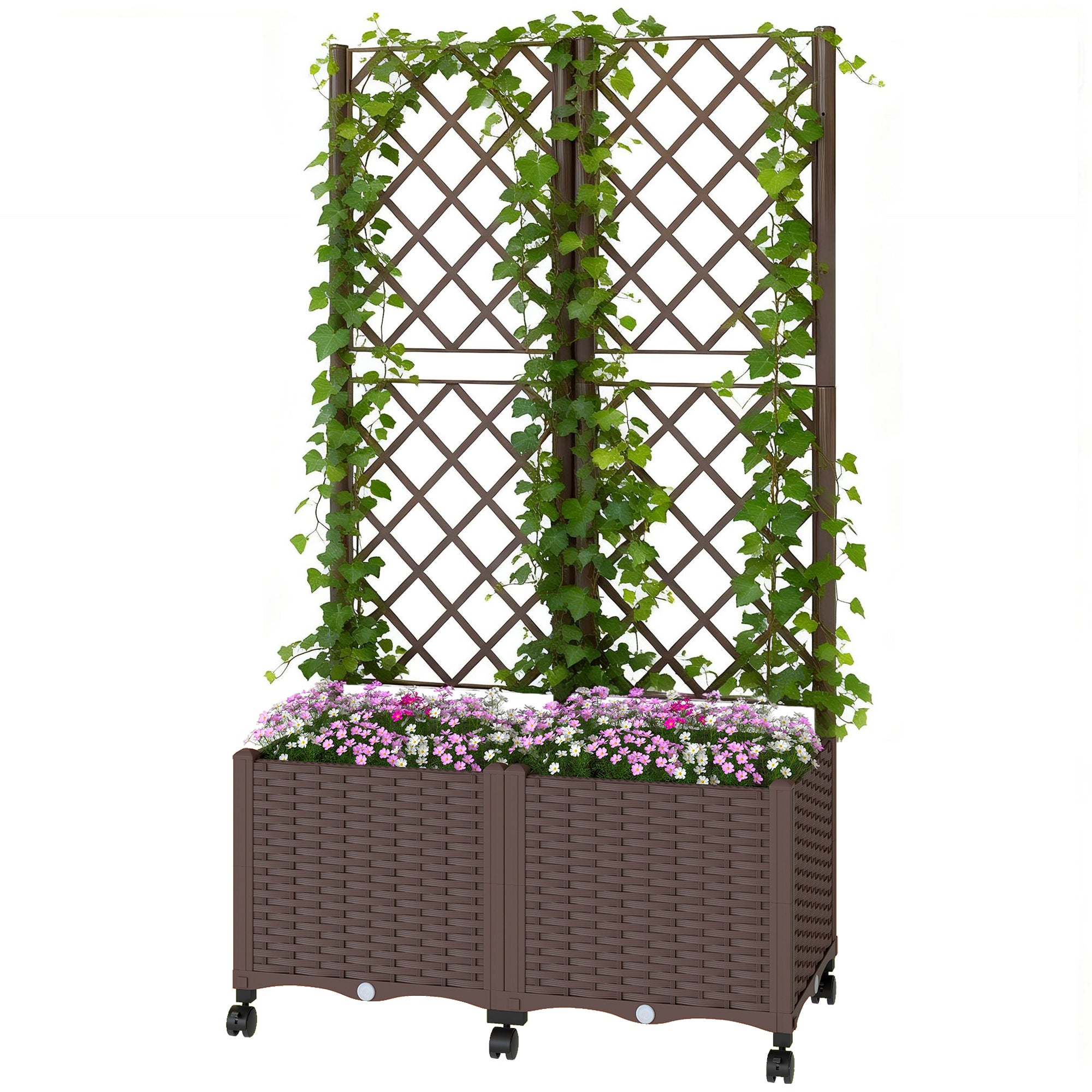 Planter Box with Trellis, Self Watering Raised Garden Bed with Lockable Wheels and Drainage Holes, Brown - Brown