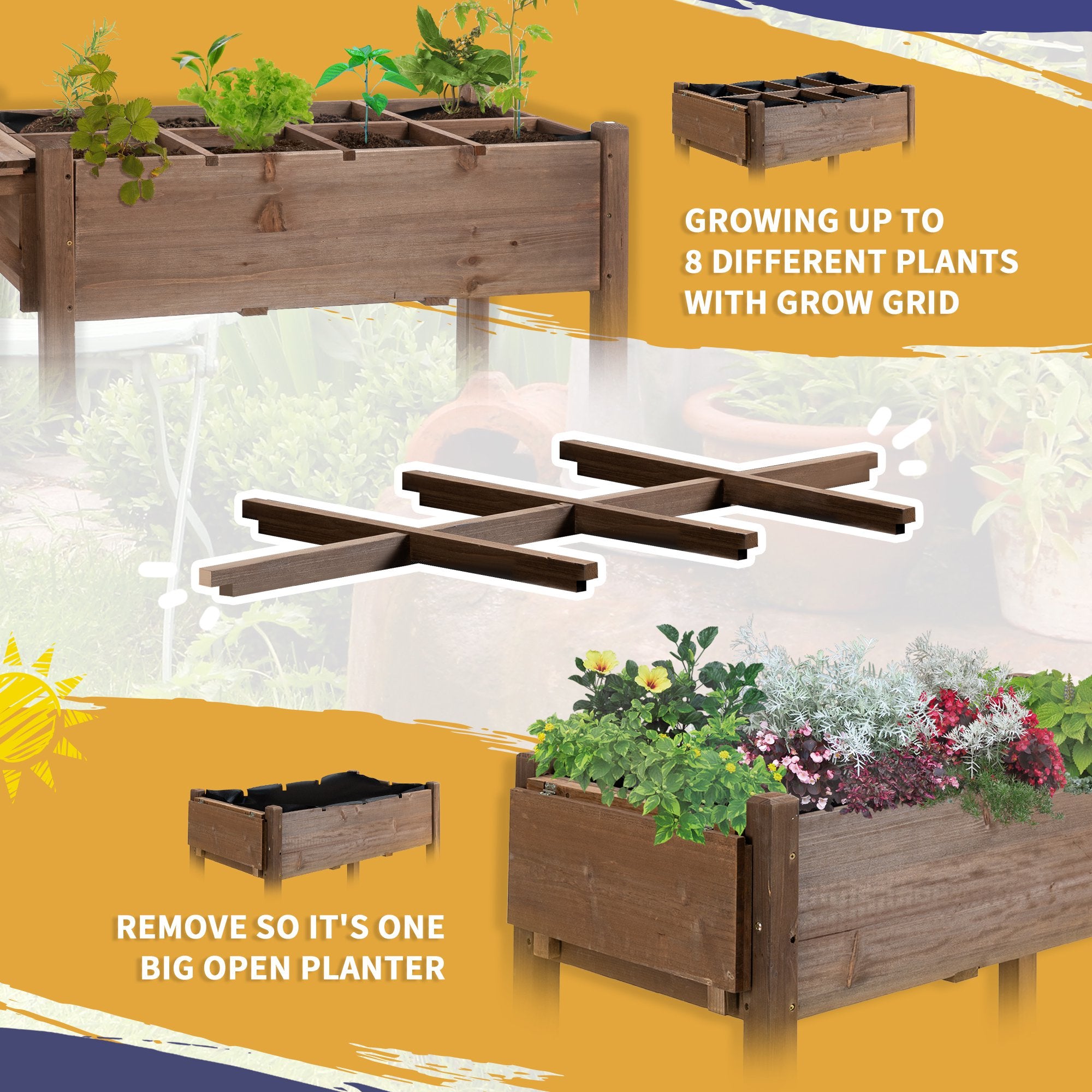 Wooden Garden Box, 34.25H with 8 Pockets and Lockable Wheels, Foldable Side Clapboard, Elevated and Self-Draining Design, to Grow Herbs, Vegetables, and Flowers, Brown - Brown - Image 4