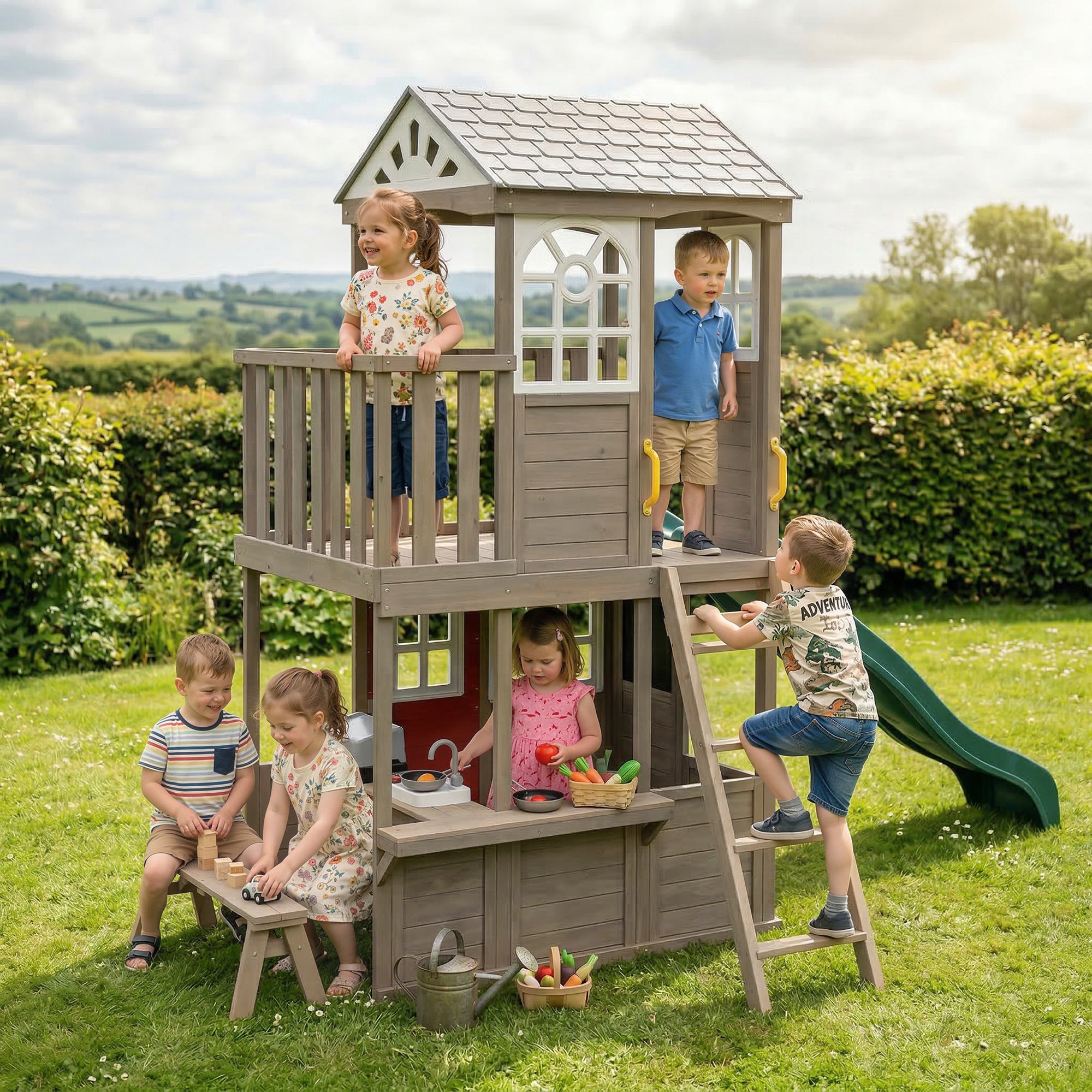 Two-Story Outdoor Playhouse, Wooden Kids Playhouse with Slide, Bench, BBQ Play Kitchen, Ladder, Lookout Platform, Clock