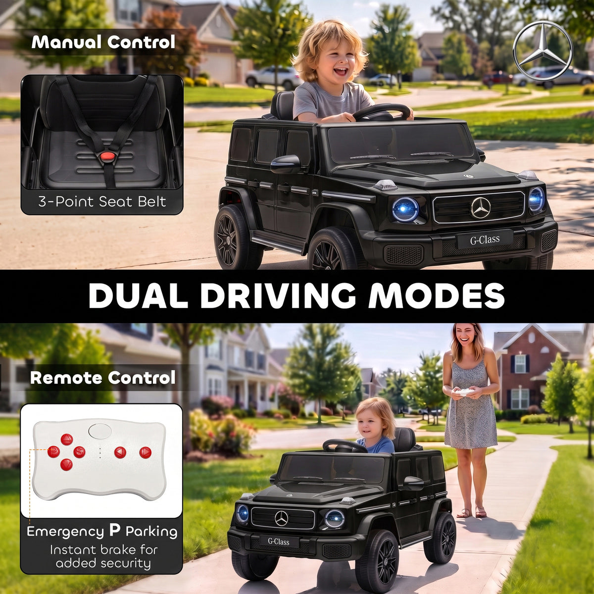 Licensed Mercedes-Benz G580 12V Kids Ride On Car with Remote, Soft Start, Headlights, Seat Belt, Music, USB, Horn, Black