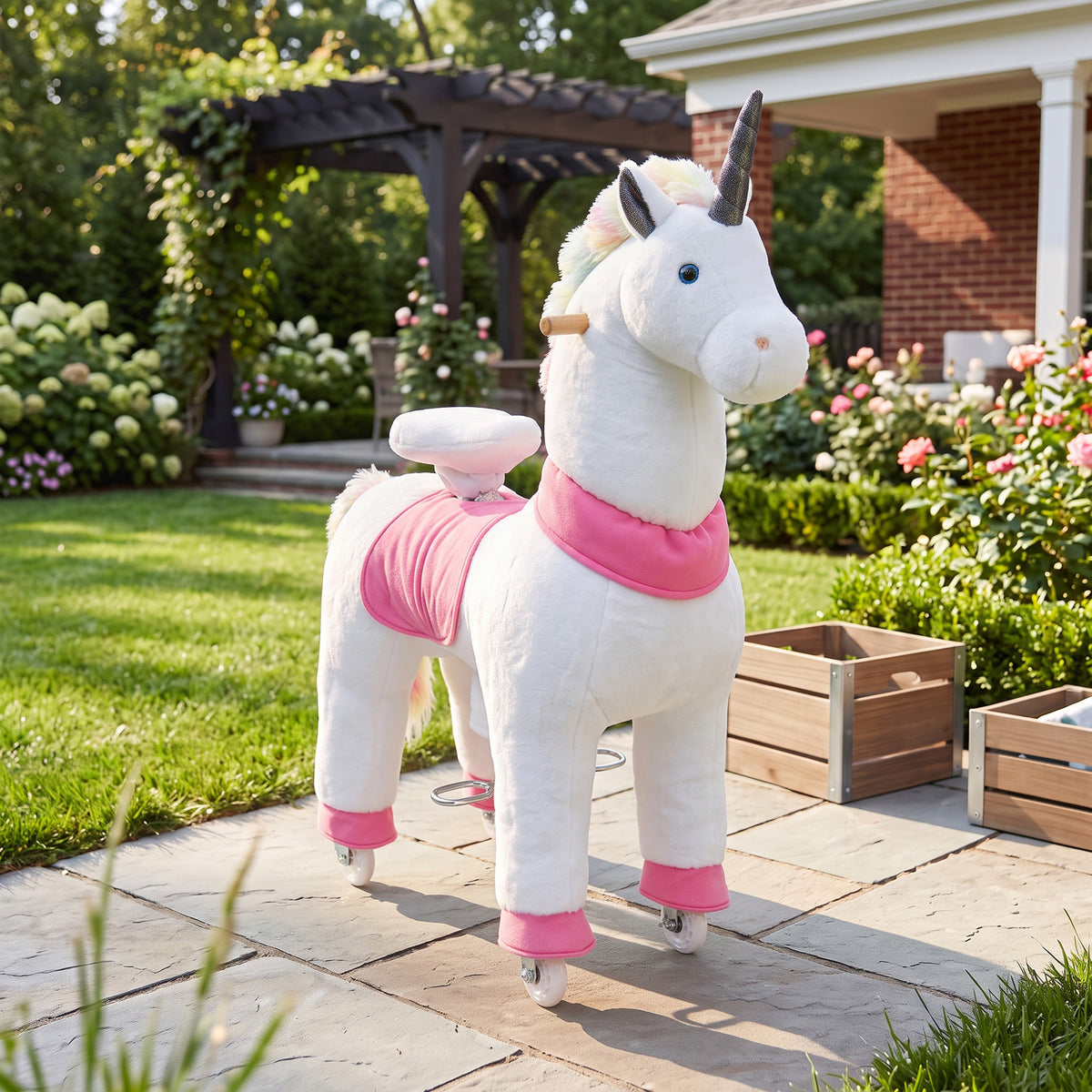 Unicorn Ride on Horse for Kids 4-12 Years, 37.4 Inch Height Plush Riding Pony with Rolling Wheels for Active Play, White