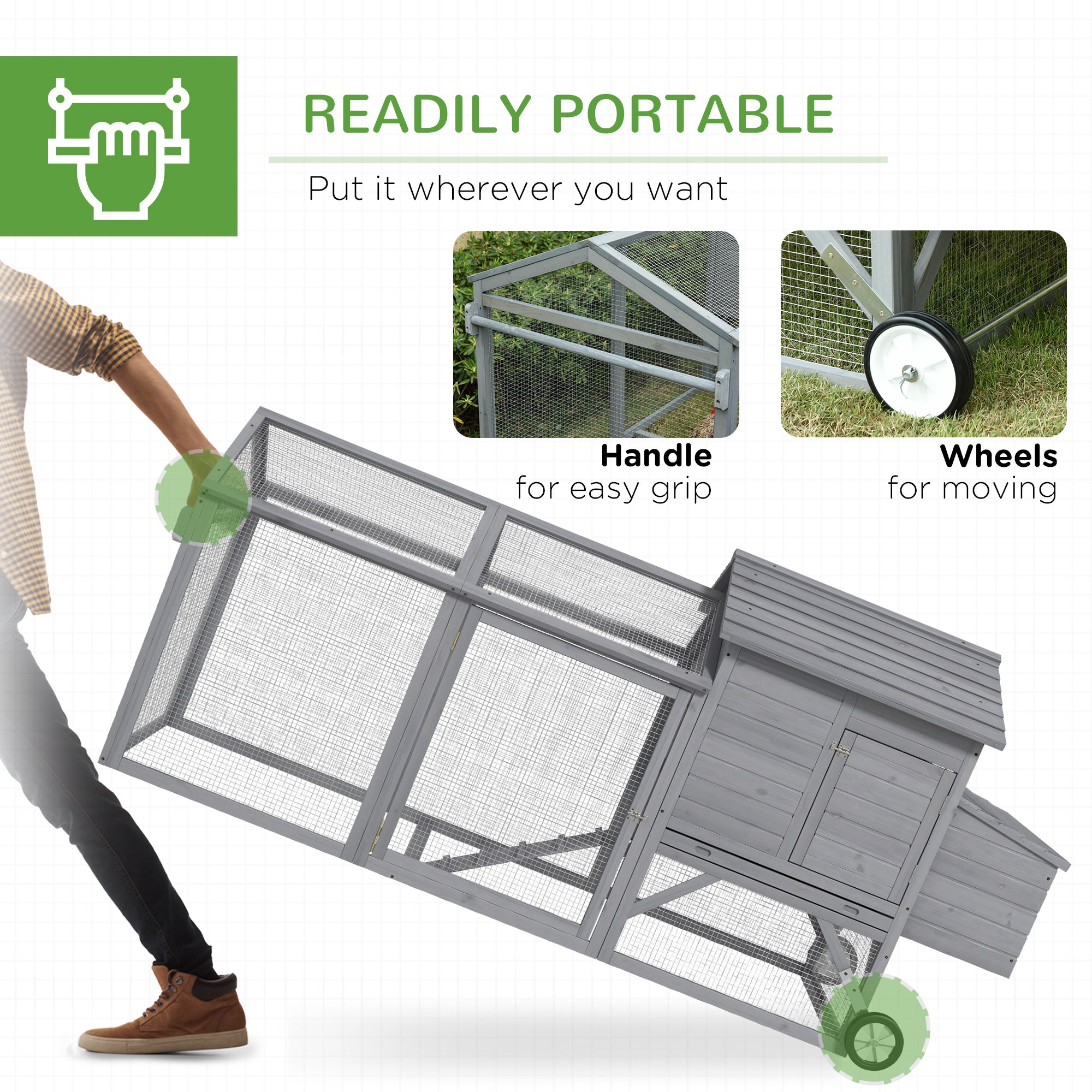 96.5" Chicken Coop Wooden Hen House Poultry Cage Pen Portable with Wheels and Nesting Box, Chicken Cage for Backyard Outdoor, Gray - Grey - Image 6