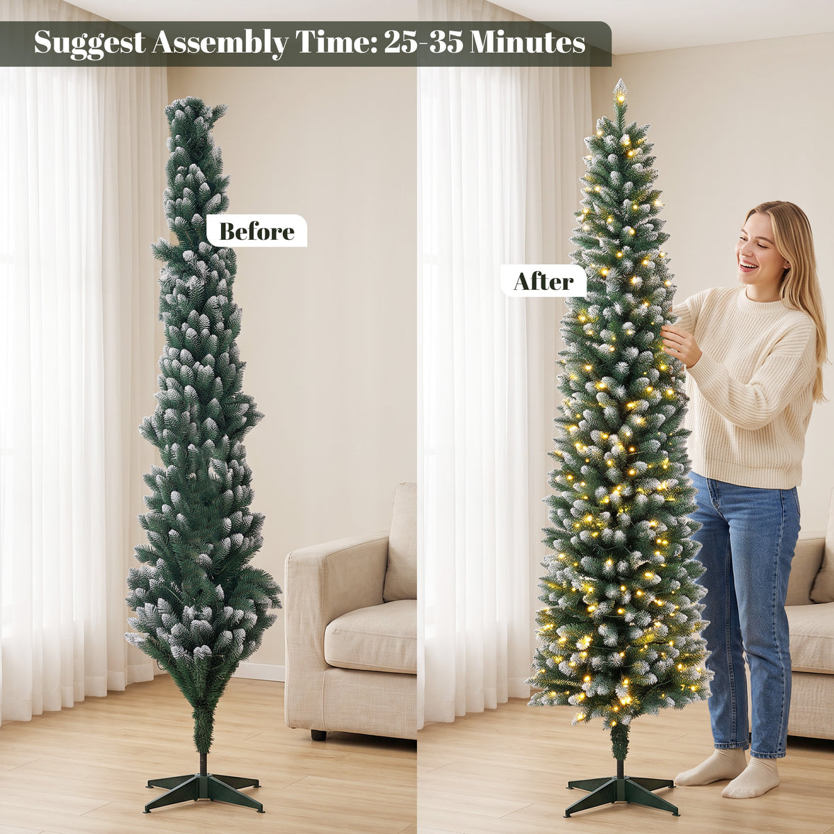 6ft Pencil Prelit Christmas Tree, Dual Color LEDs, Flocked, Remote, Slim Xmas Tree with 11 Modes, Green White