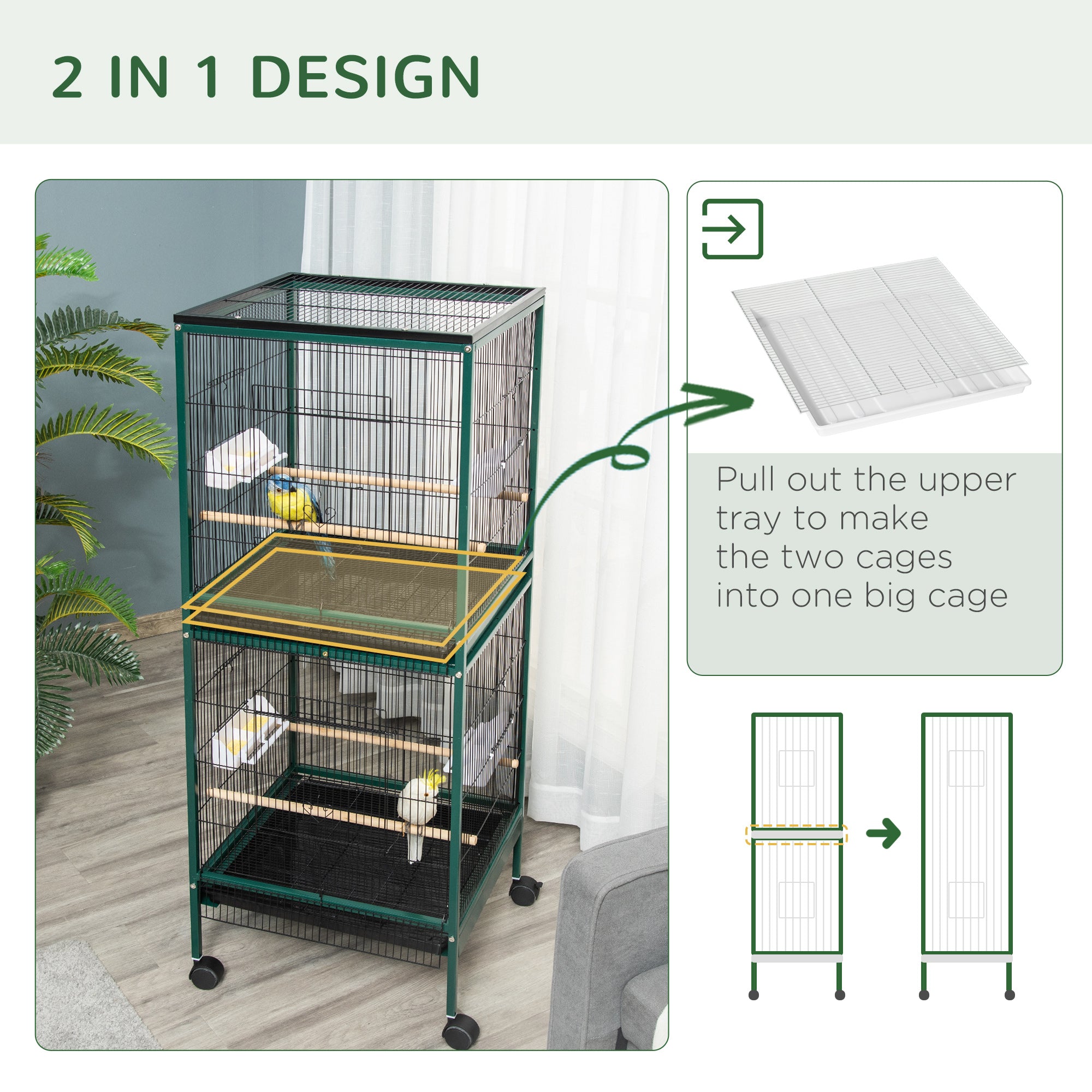 Large Bird Cage with 1.7 ft. Width for Wingspan, Bird Aviary Indoor with Multi-Door Design, Fit for a Canary, Finch, Conure, 55", Green - Green - Image 4