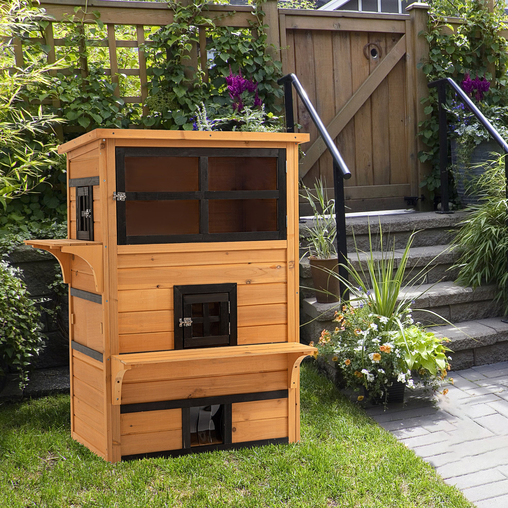 Outdoor Cat House, 3-Tier Kitty Shelter with 5 Escape Doors, Weather Resistant, Yellow & Black - Yellow - Image 2