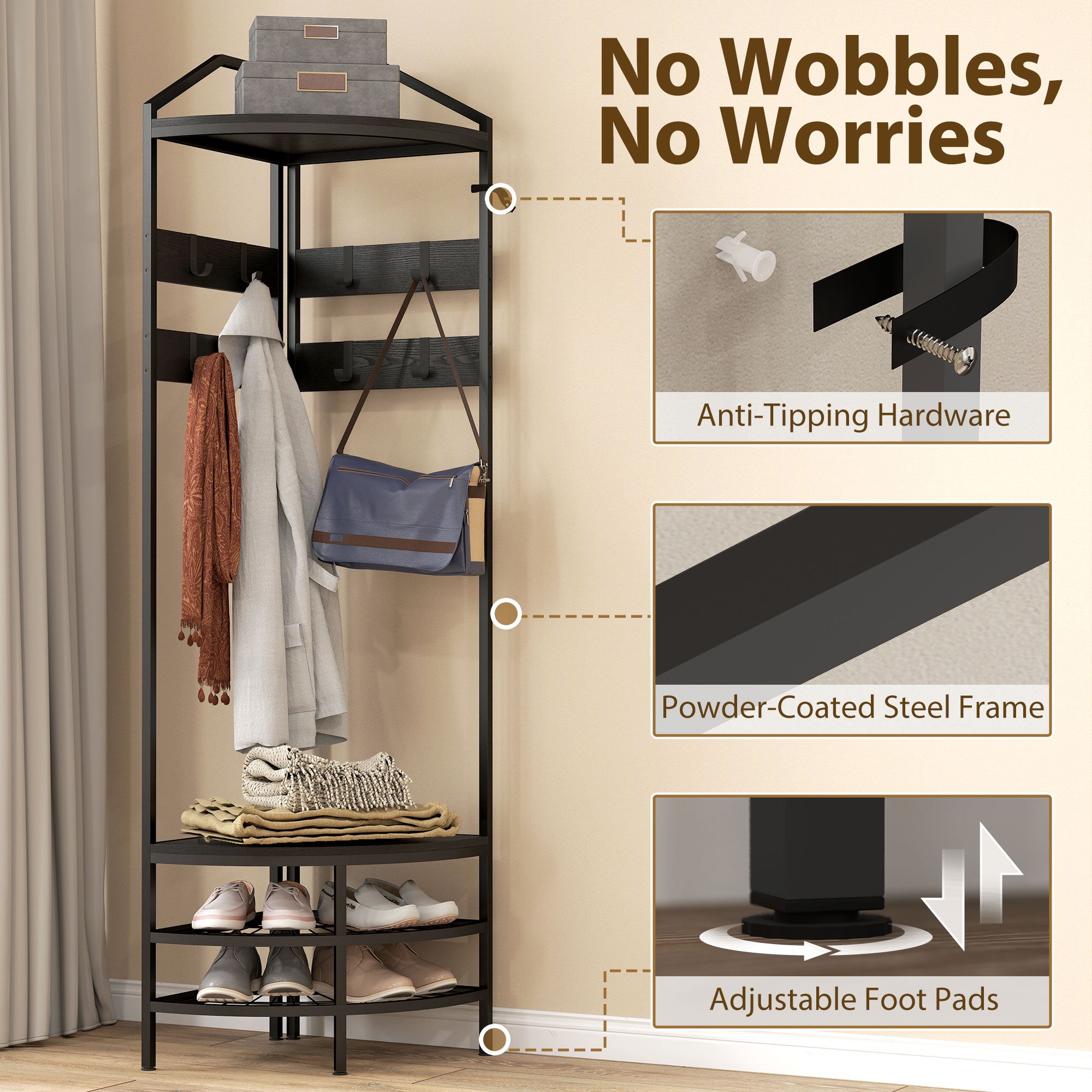 Corner Hall Tree, Industrial 4-Tier Coat Rack with Shoe Storage, 8 Movable Hooks and 2 Shelves for Hallway, Black