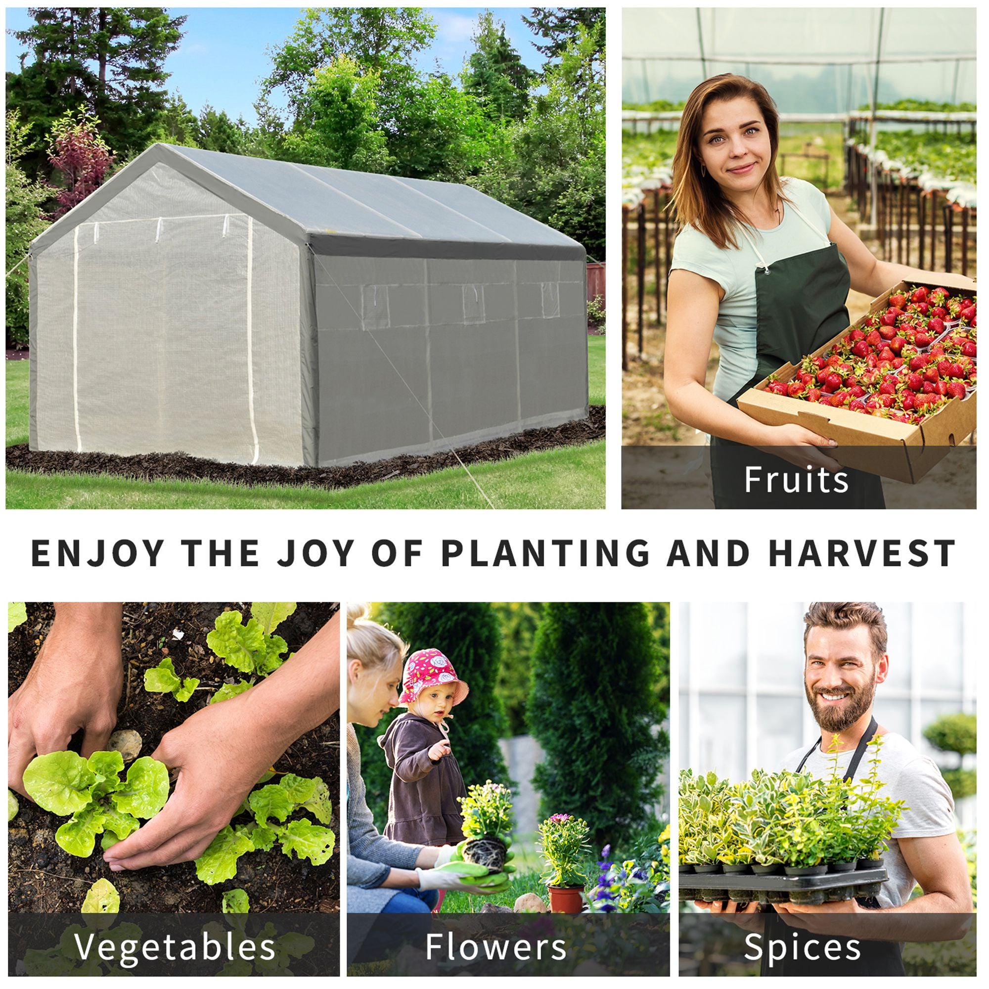 20' L x 10' W x 9' H Large Walk-in Greenhouse with Roll Up Door, 8 Closeable Windows, & Weather PE Cover - White - Image 7