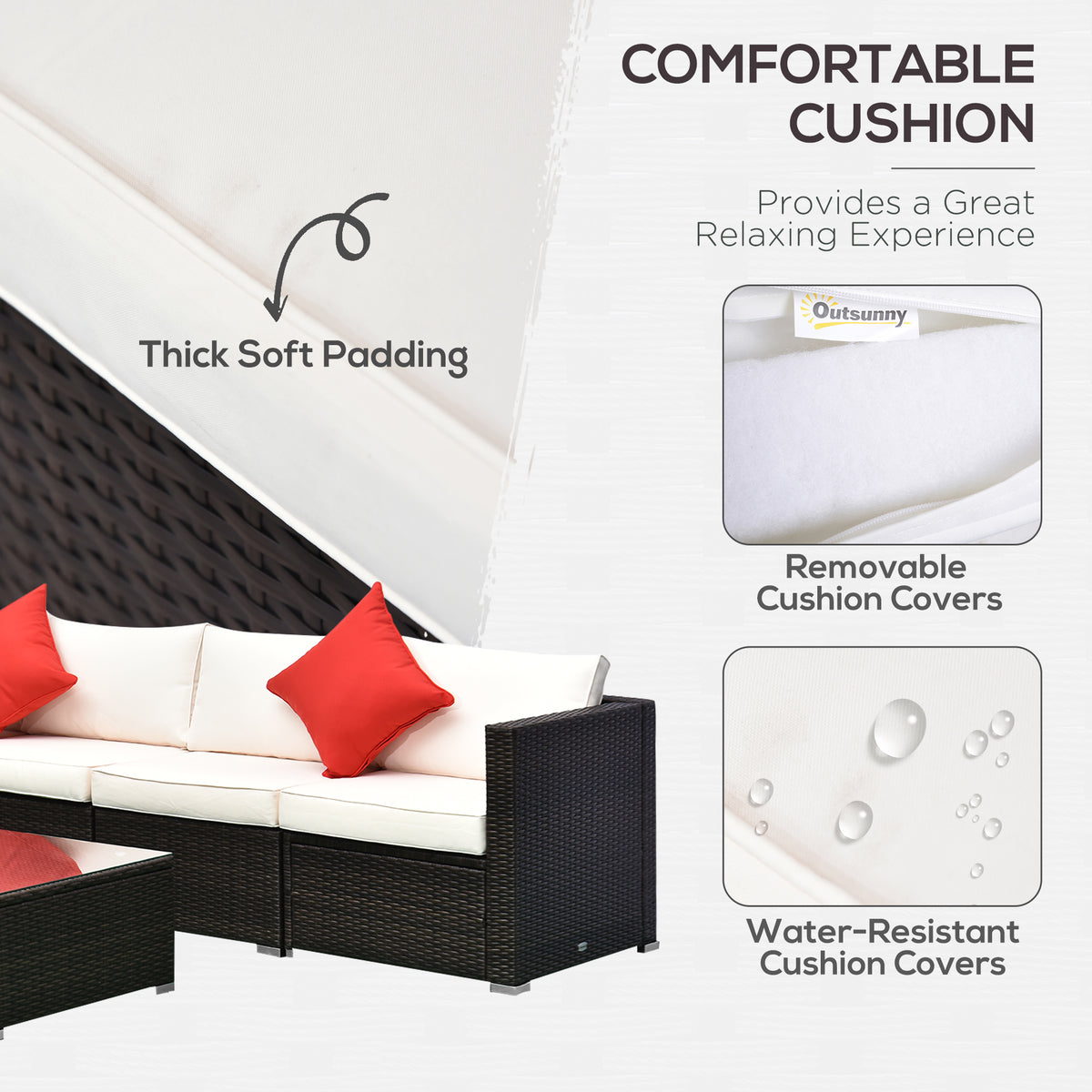 6 Piece Patio Furniture Set Outdoor Wicker Conversation Set All Weather PE Rattan Sectional Sofa Set with Ottoman, Cushions and Tempered Glass Table, Mixed Brown and Cream White