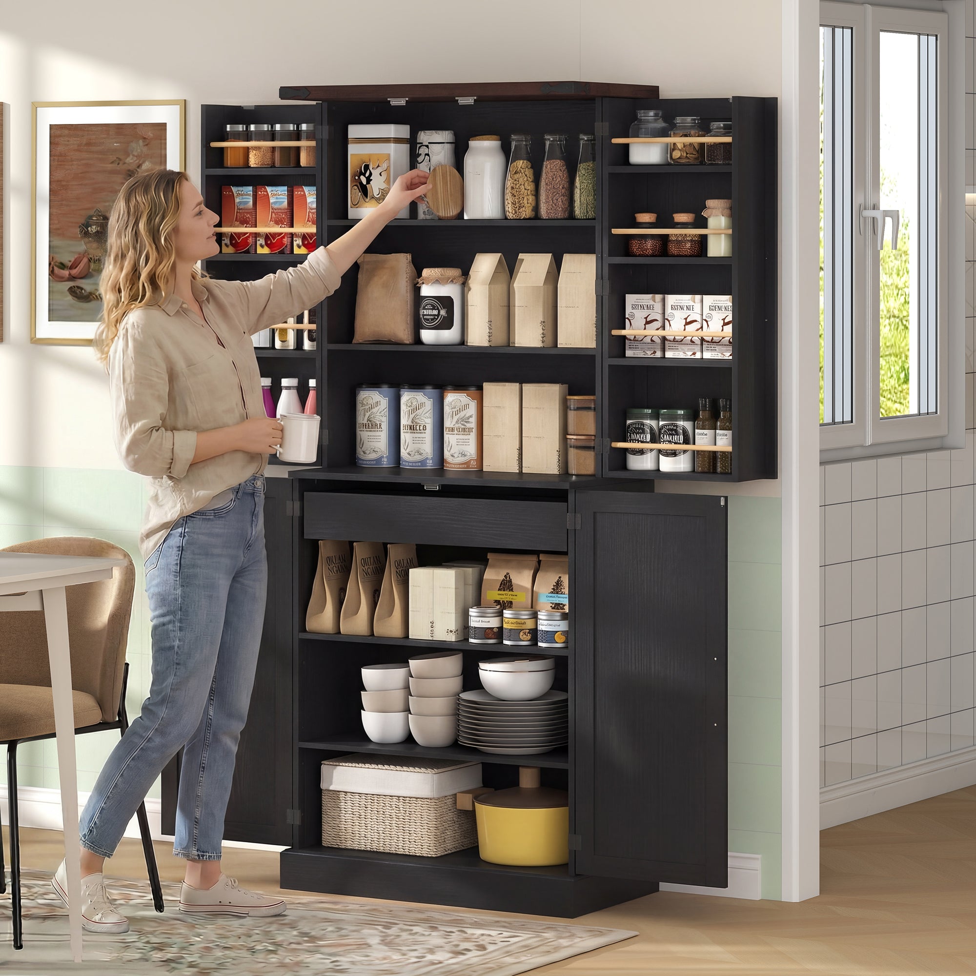 72" Tall Kitchen Pantry Cabinet, Farmhouse Storage Cabinet with 8 Door Racks and Adjustable Shelves, Black