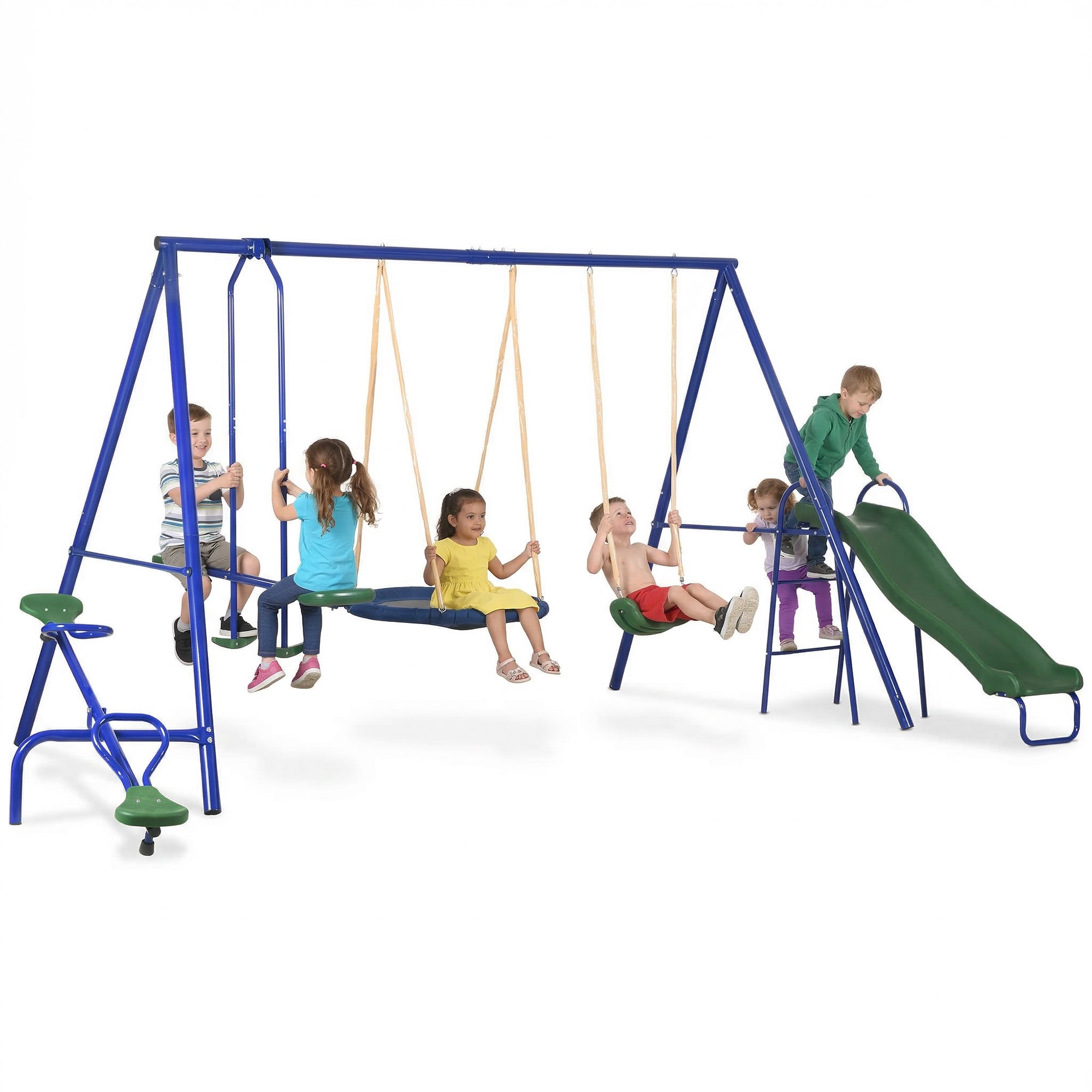 Swing Set for Backyard, 5 in 1 Outdoor Playset for Kids with Heavy-Duty A-Frame Stand, 29.5" Saucer Swing, Slide, Teeter-Totter, Glider, 693 Lbs Load, Blue