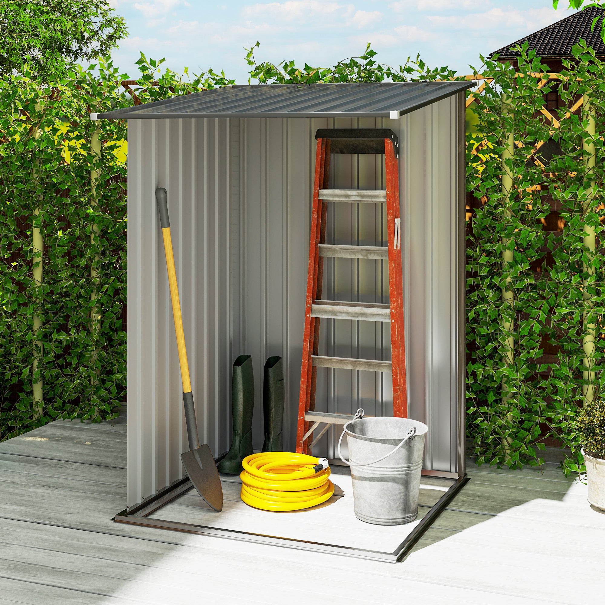 Outdoor 3.3' x 3.4' Lean-to Garden Storage Shed, Galvanized Steel Tool House with Lockable Door for Patio, Brown - Brown - Image 7