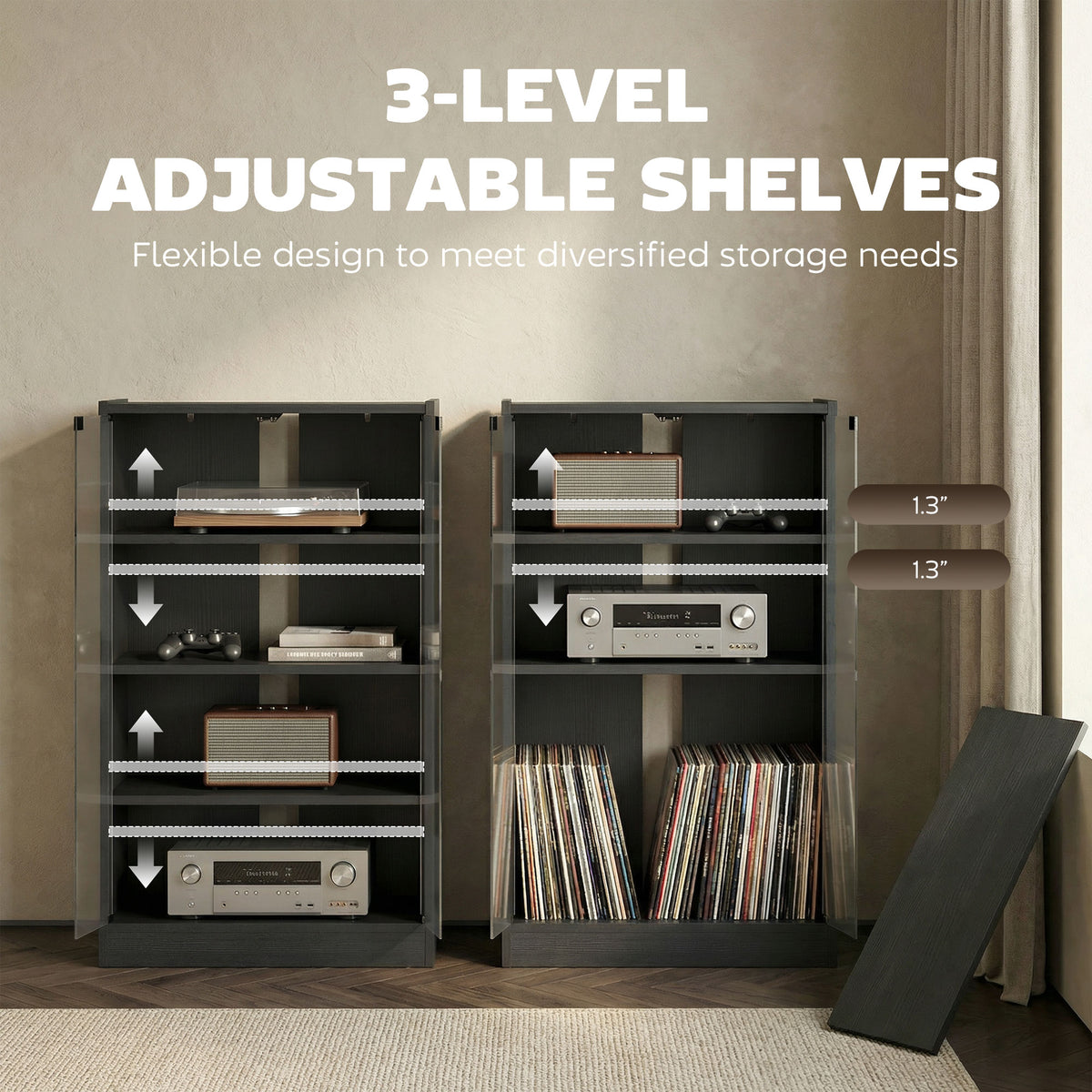 Media Cabinet, 4-Tier Stereo Cabinet for Vinyl Record Player, Gaming Console, AV Record Player Stand with Adjustable Shelves, Push-to-Open Glass Doors and Cable Management, Distressed Black