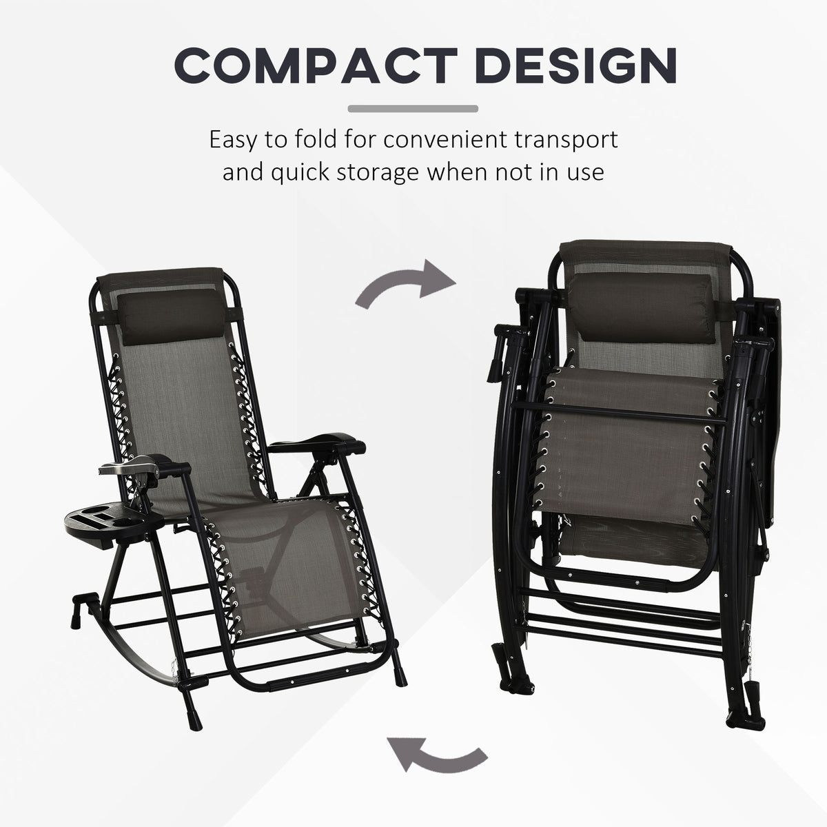 Outdoor Rocking Chairs, Foldable Reclining Zero Gravity Lounge Rocker with Pillow, Cup & Phone Holder, Combo Design with Folding Legs, Gray