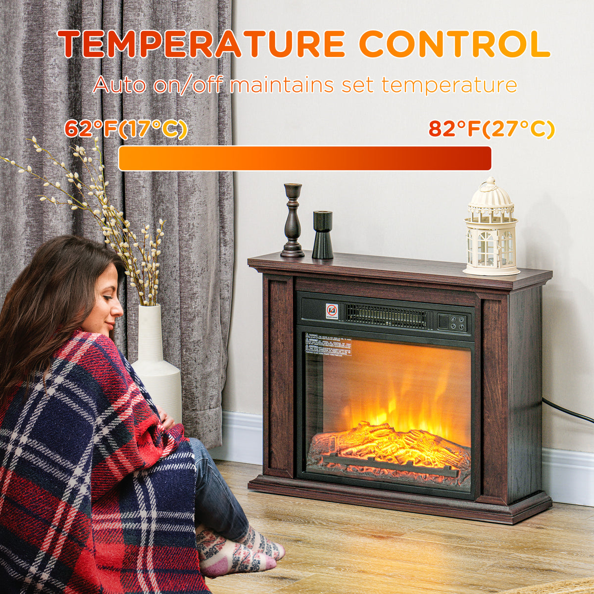 26" Freestanding Electric Fireplace with Mantel, 1400W Replaceable Fireplace Insert Heater with 3D Flame Effect, Brown
