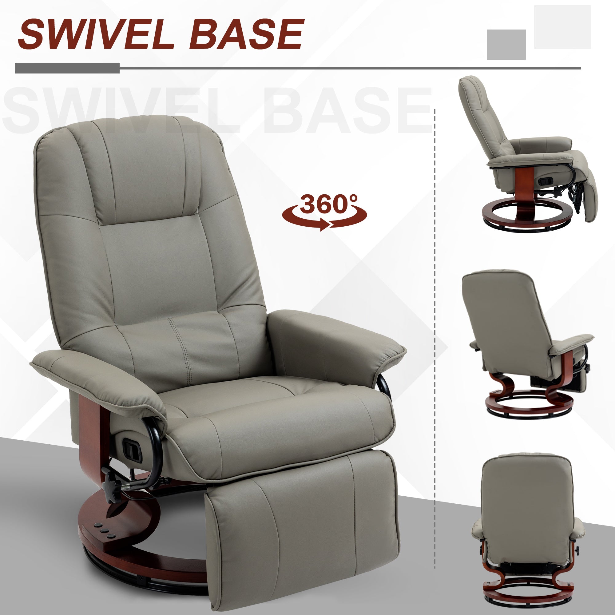 Faux Leather Manual Recliner, Adjustable Swivel Lounge Chair with Footrest, Armrest and Wrapped Wood Base for Living Room, Gray